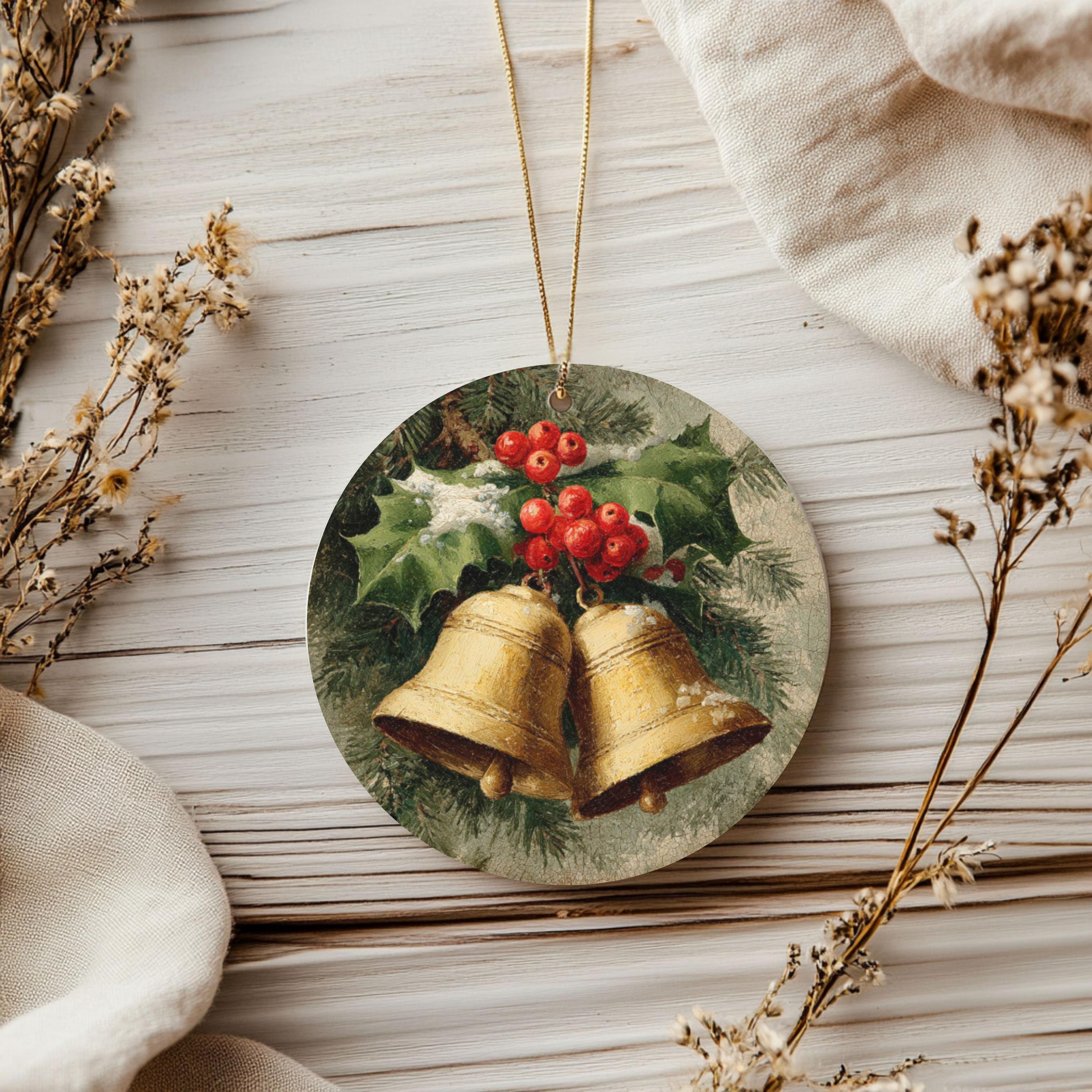 Rustic Christmas Bells Ceramic Ornament  Vintage Holiday Decor