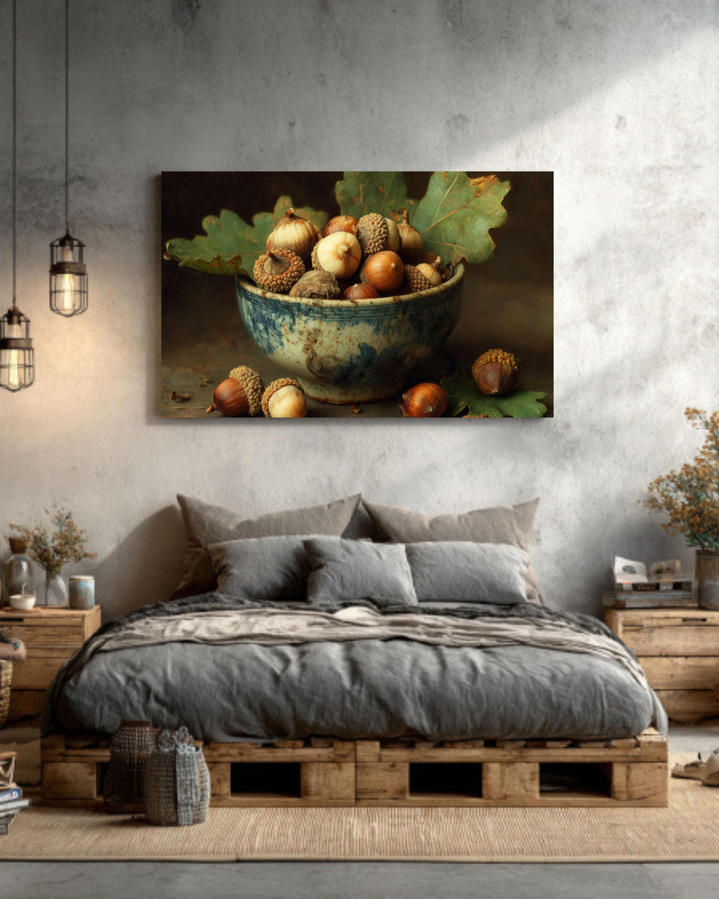 Acorn Bowl on Oak Leaf Wall Art  Rustic Autumn Nature Still Life, Warm Woodland Decor, Poster/Canvas/Framed Print