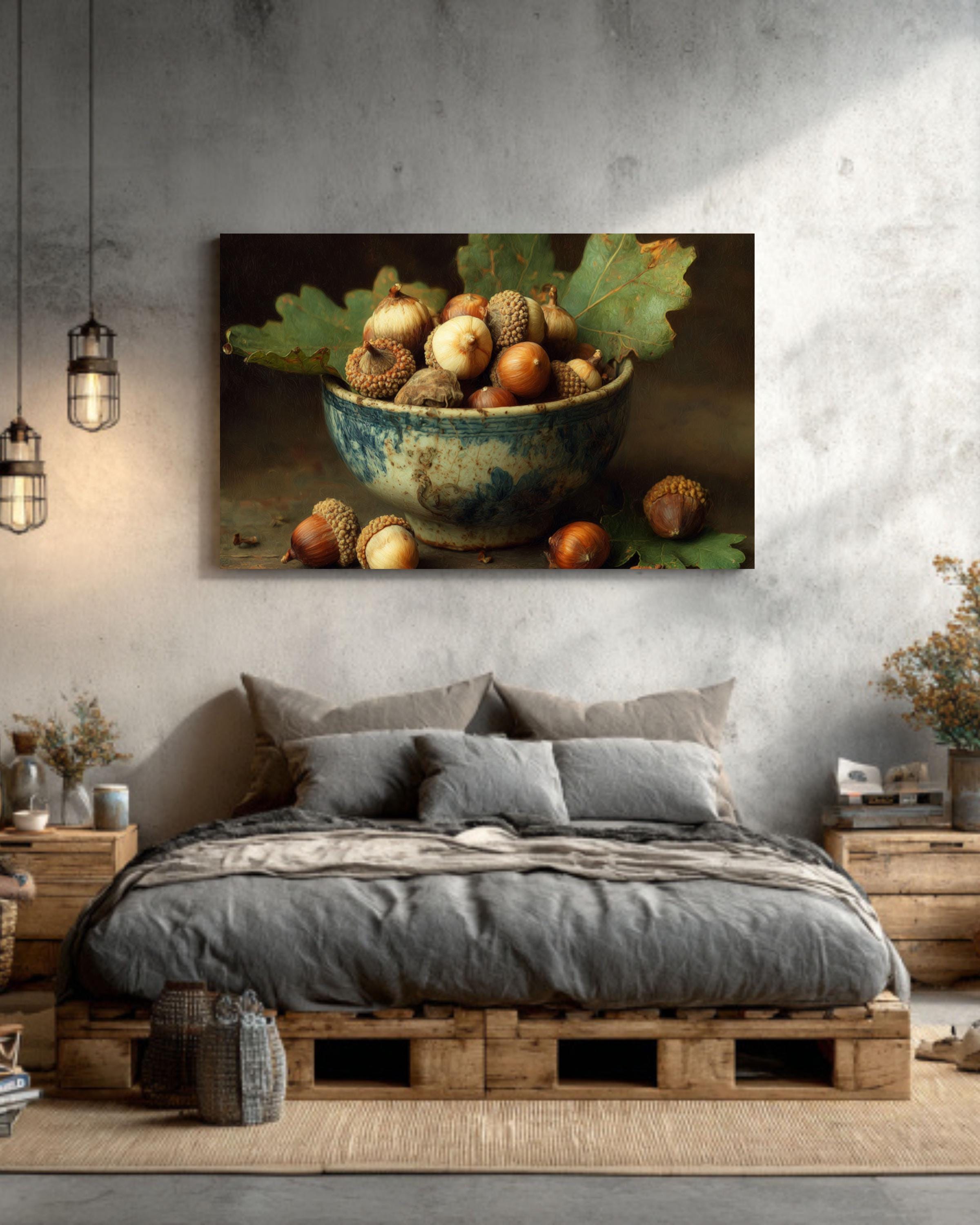 Acorn Bowl on Oak Leaf Wall Art  Rustic Autumn Nature Still Life, Warm Woodland Decor, Poster/Canvas/Framed Print
