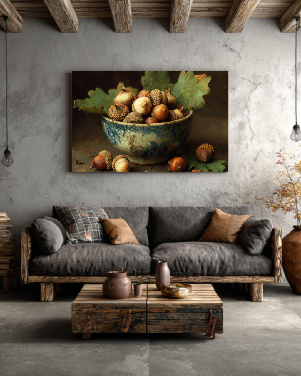 Acorn Bowl on Oak Leaf Wall Art  Rustic Autumn Nature Still Life, Warm Woodland Decor, Poster/Canvas/Framed Print