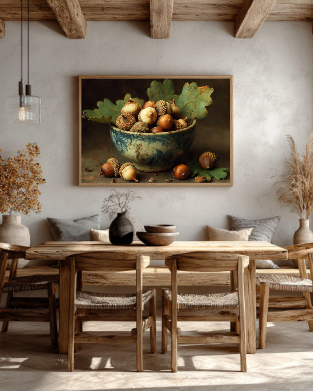 Acorn Bowl on Oak Leaf Wall Art  Rustic Autumn Nature Still Life, Warm Woodland Decor, Poster/Canvas/Framed Print