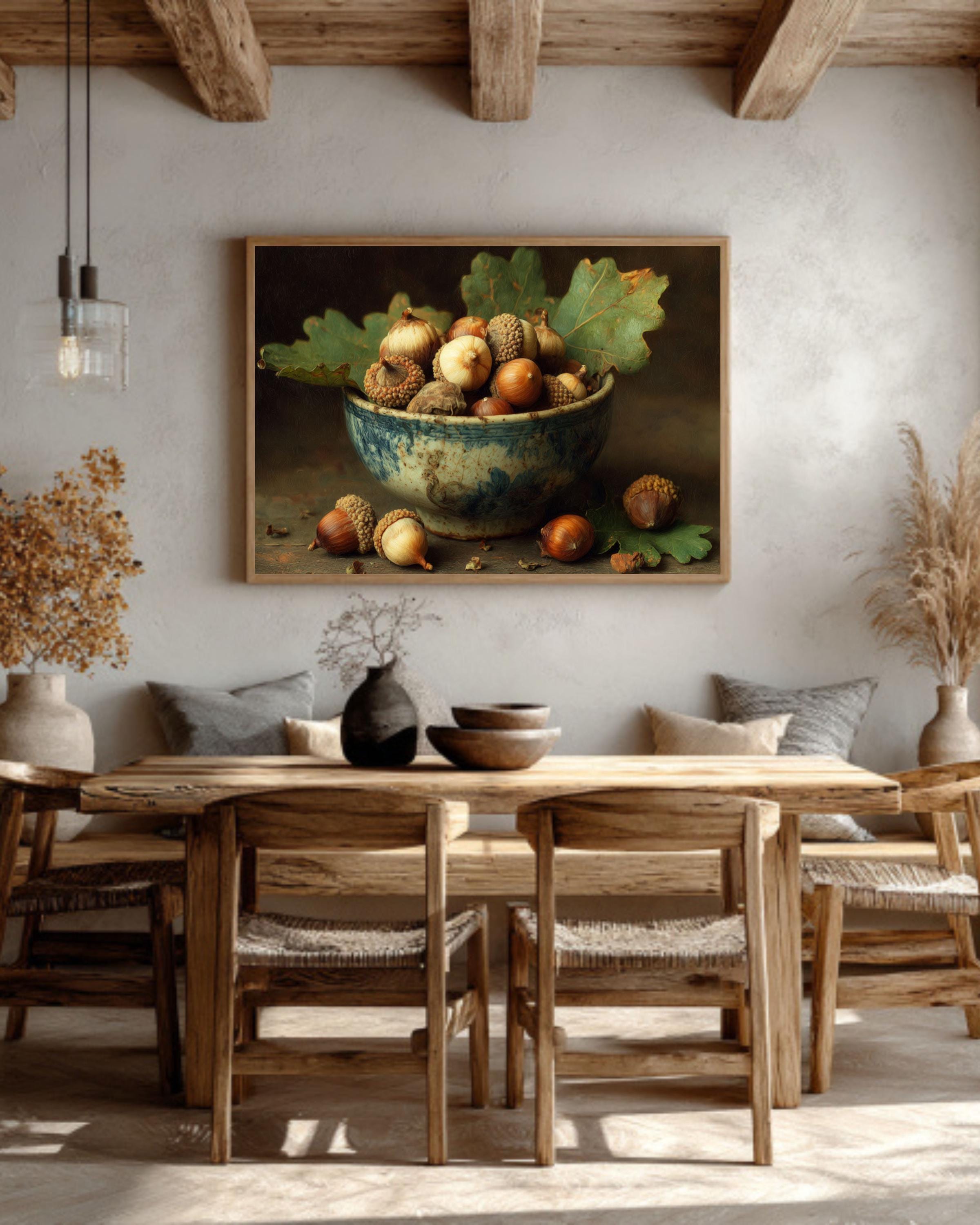 Acorn Bowl on Oak Leaf Wall Art  Rustic Autumn Nature Still Life, Warm Woodland Decor, Poster/Canvas/Framed Print