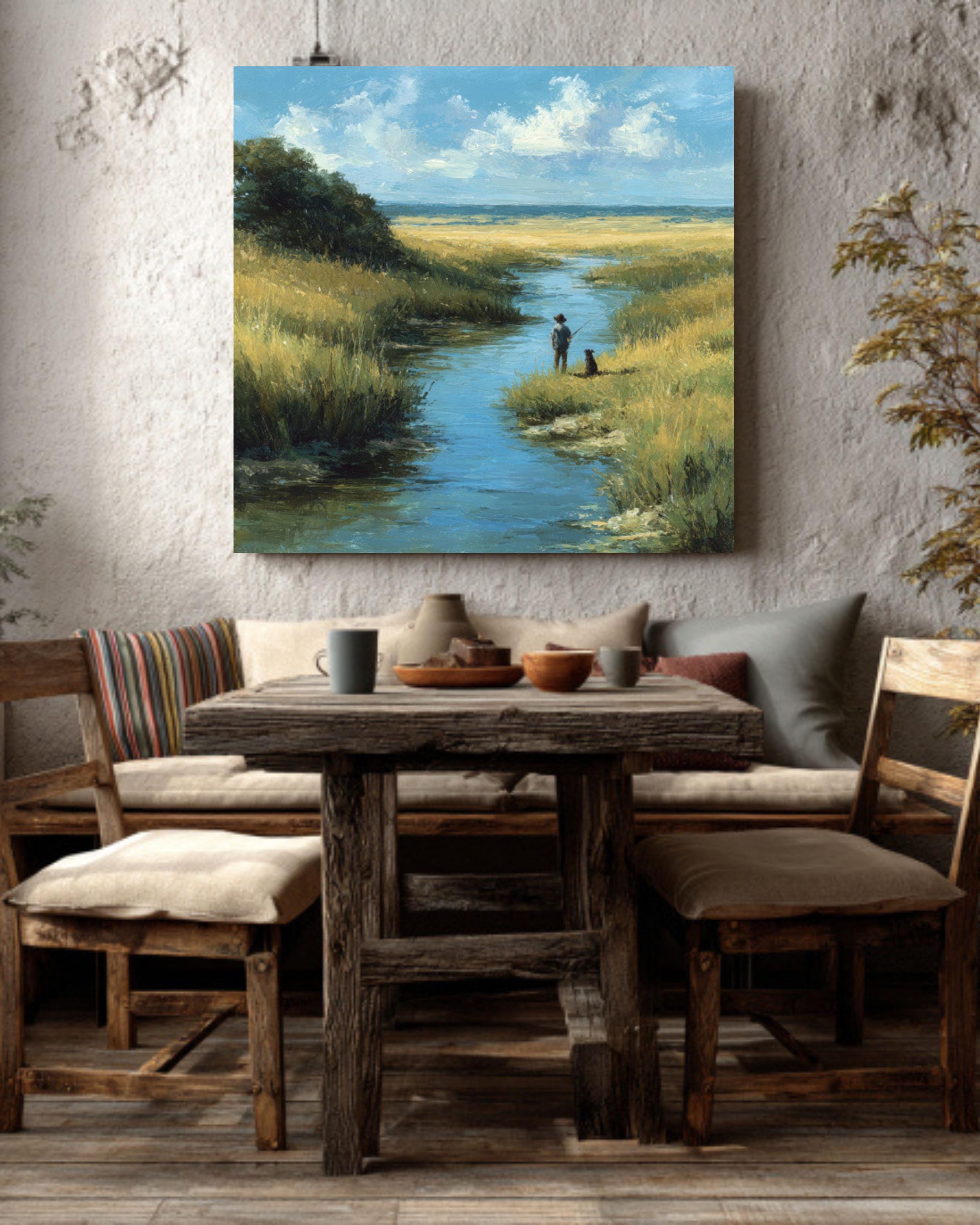 Rustic Boy and Dog by the River Wall Art  Soft Pastel Meadow Scene, Cozy Nature Canvas/Framed Canvas