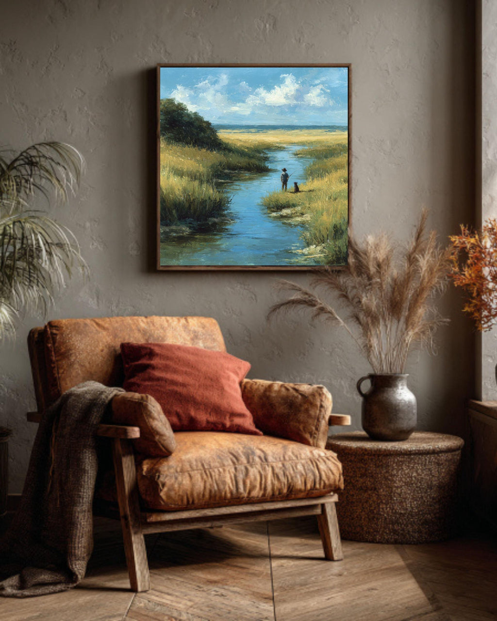 Rustic Boy and Dog by the River Wall Art  Soft Pastel Meadow Scene, Cozy Nature Canvas/Framed Canvas