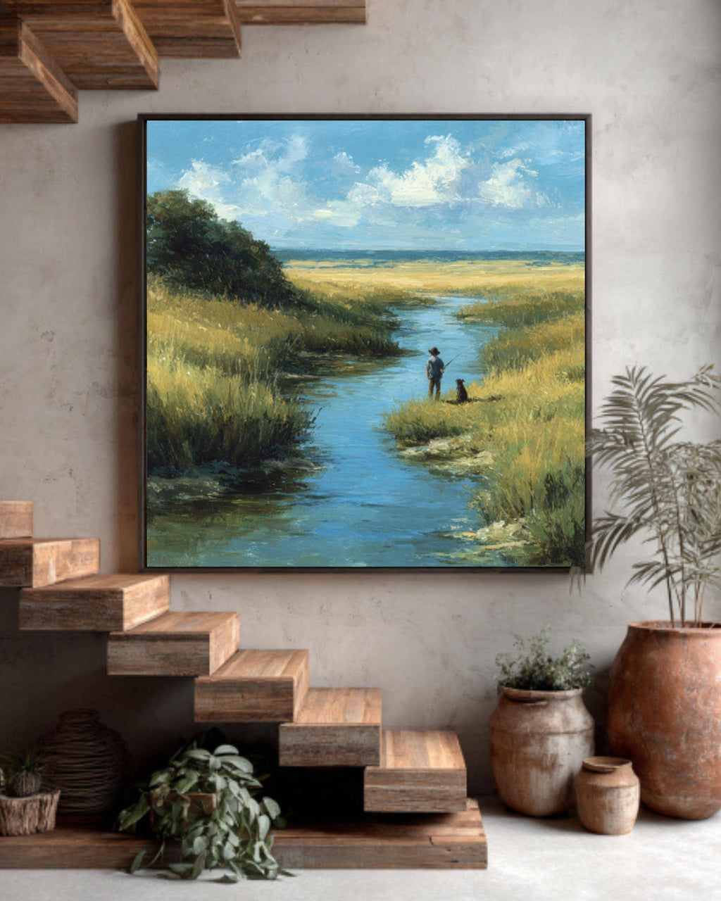 Rustic Boy and Dog by the River Wall Art  Soft Pastel Meadow Scene, Cozy Nature Canvas/Framed Canvas