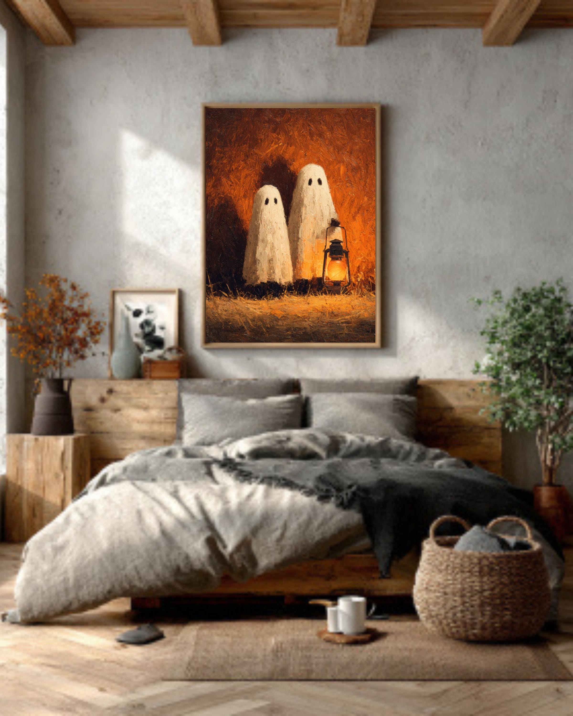 Lantern Ghosts Pumpkin Art  Warm Autumn Glow, Rustic Hayfield Halloween Scene, Poster/Canvas/Framed Canvas