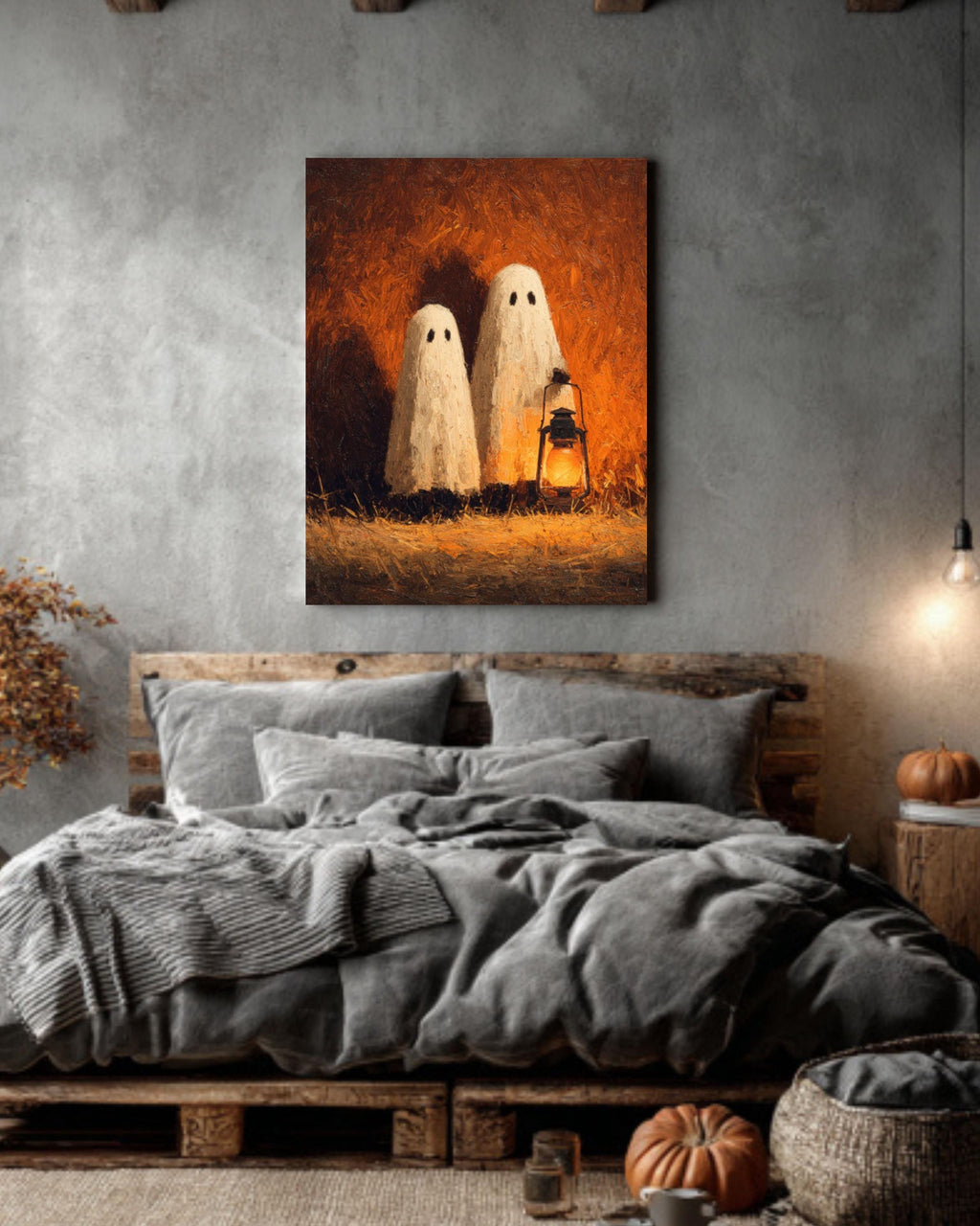 Lantern Ghosts Pumpkin Art  Warm Autumn Glow, Rustic Hayfield Halloween Scene, Poster/Canvas/Framed Canvas