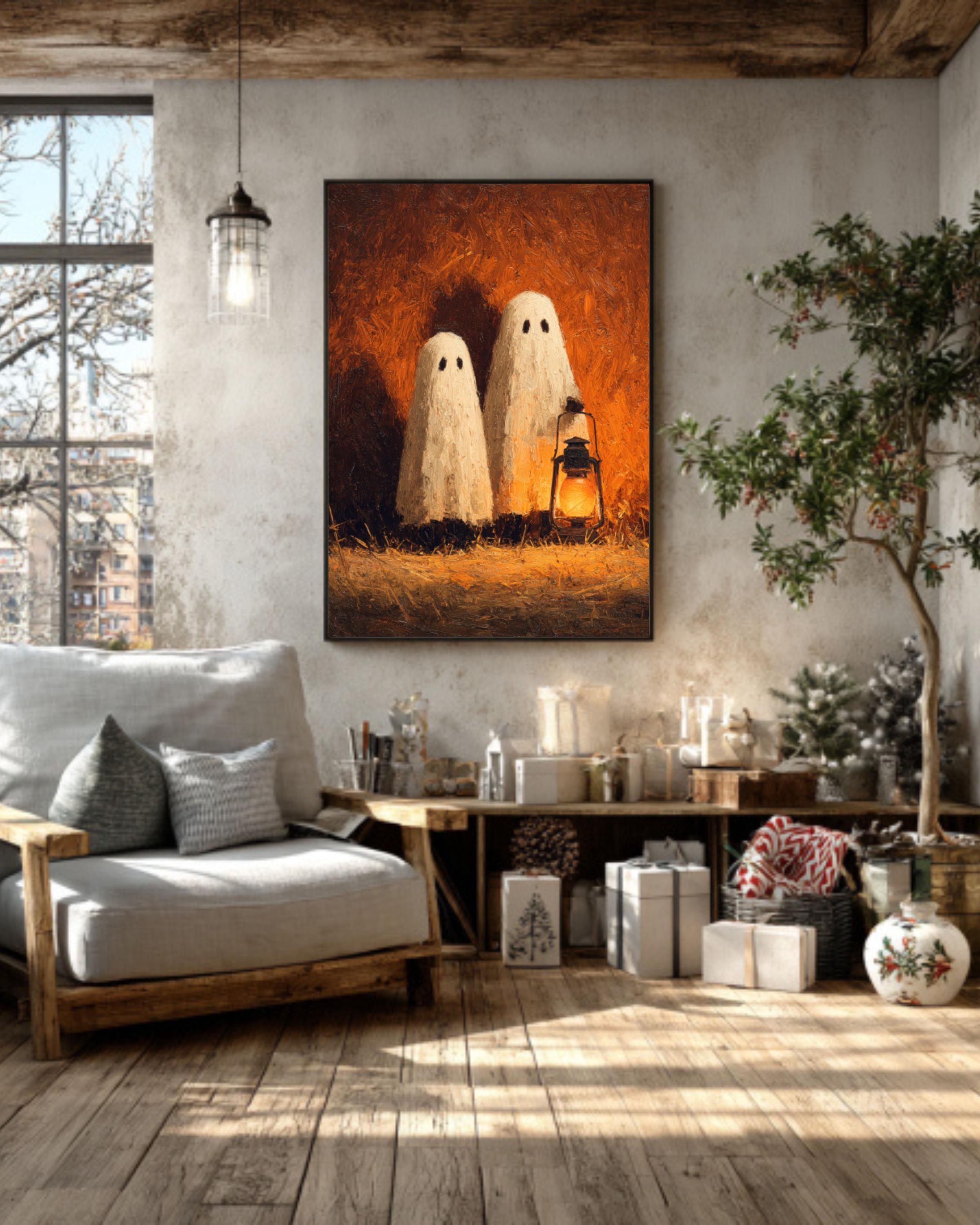 Lantern Ghosts Pumpkin Art  Warm Autumn Glow, Rustic Hayfield Halloween Scene, Poster/Canvas/Framed Canvas