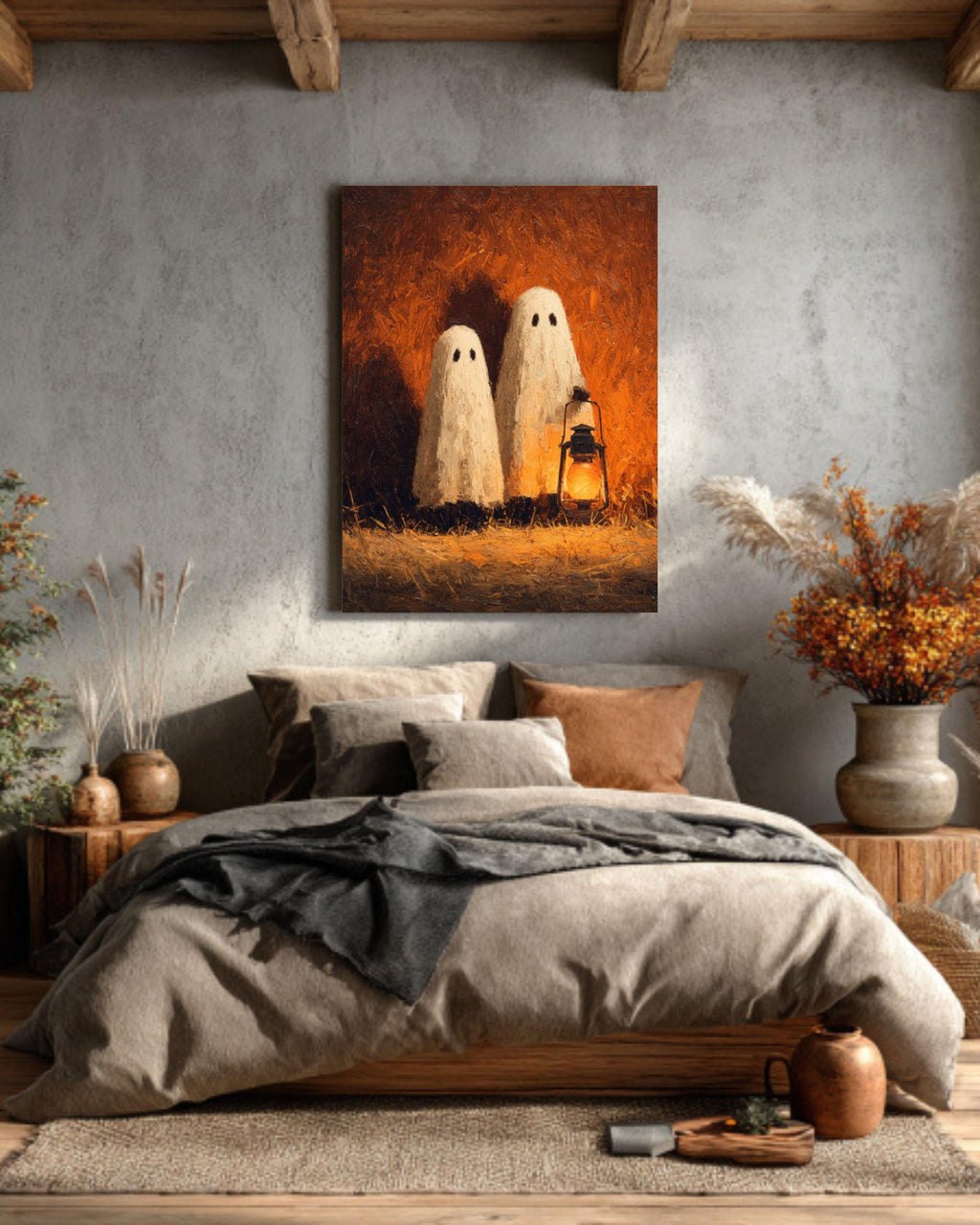 Lantern Ghosts Pumpkin Art  Warm Autumn Glow, Rustic Hayfield Halloween Scene, Poster/Canvas/Framed Canvas