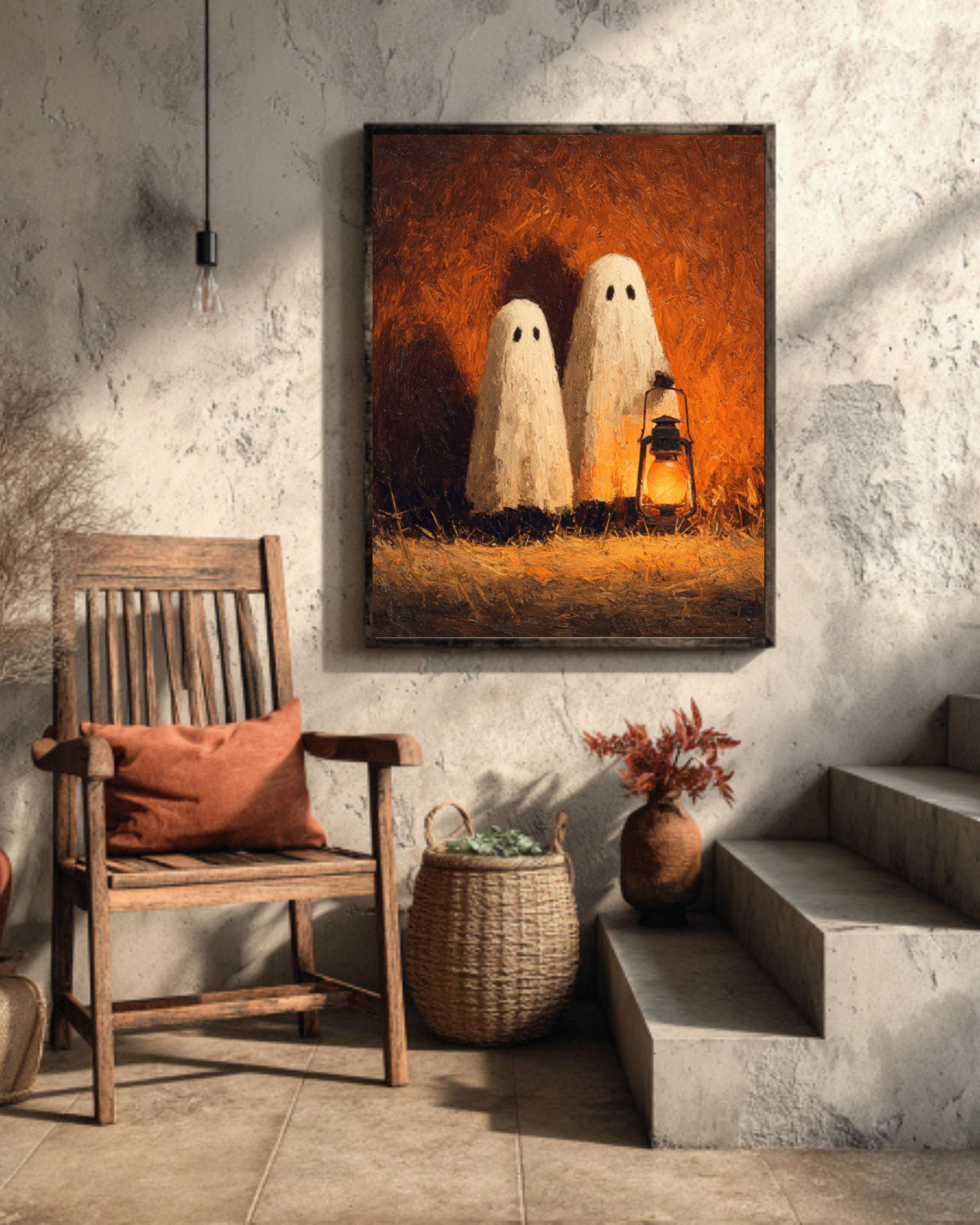 Lantern Ghosts Pumpkin Art  Warm Autumn Glow, Rustic Hayfield Halloween Scene, Poster/Canvas/Framed Canvas