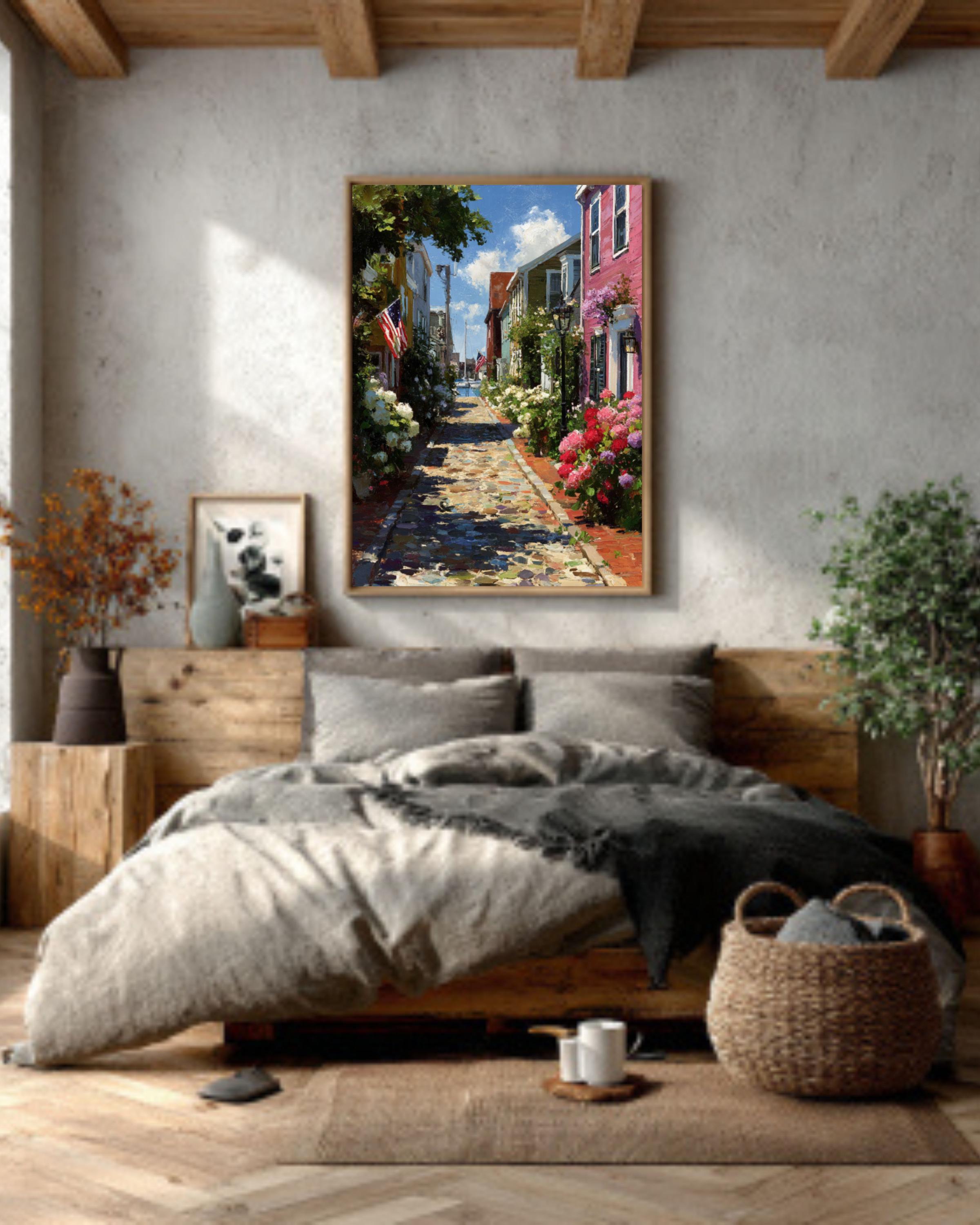 Charming Nantucket Main Street Print  Rustic Island Town with Flowers & Flags, Coastal Cottage Wall Art
