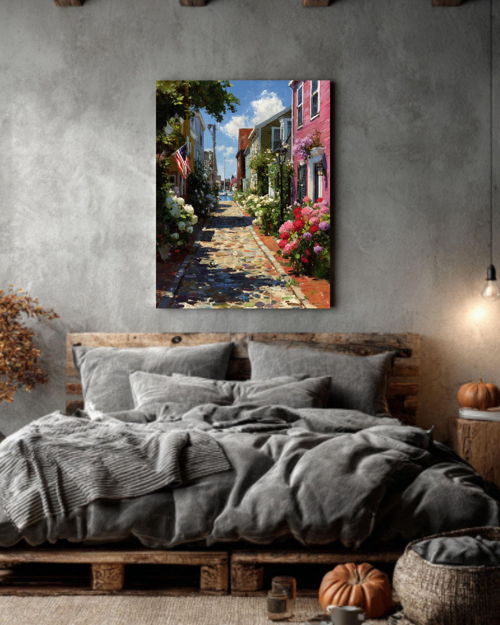 Charming Nantucket Main Street Print  Rustic Island Town with Flowers & Flags, Coastal Cottage Wall Art