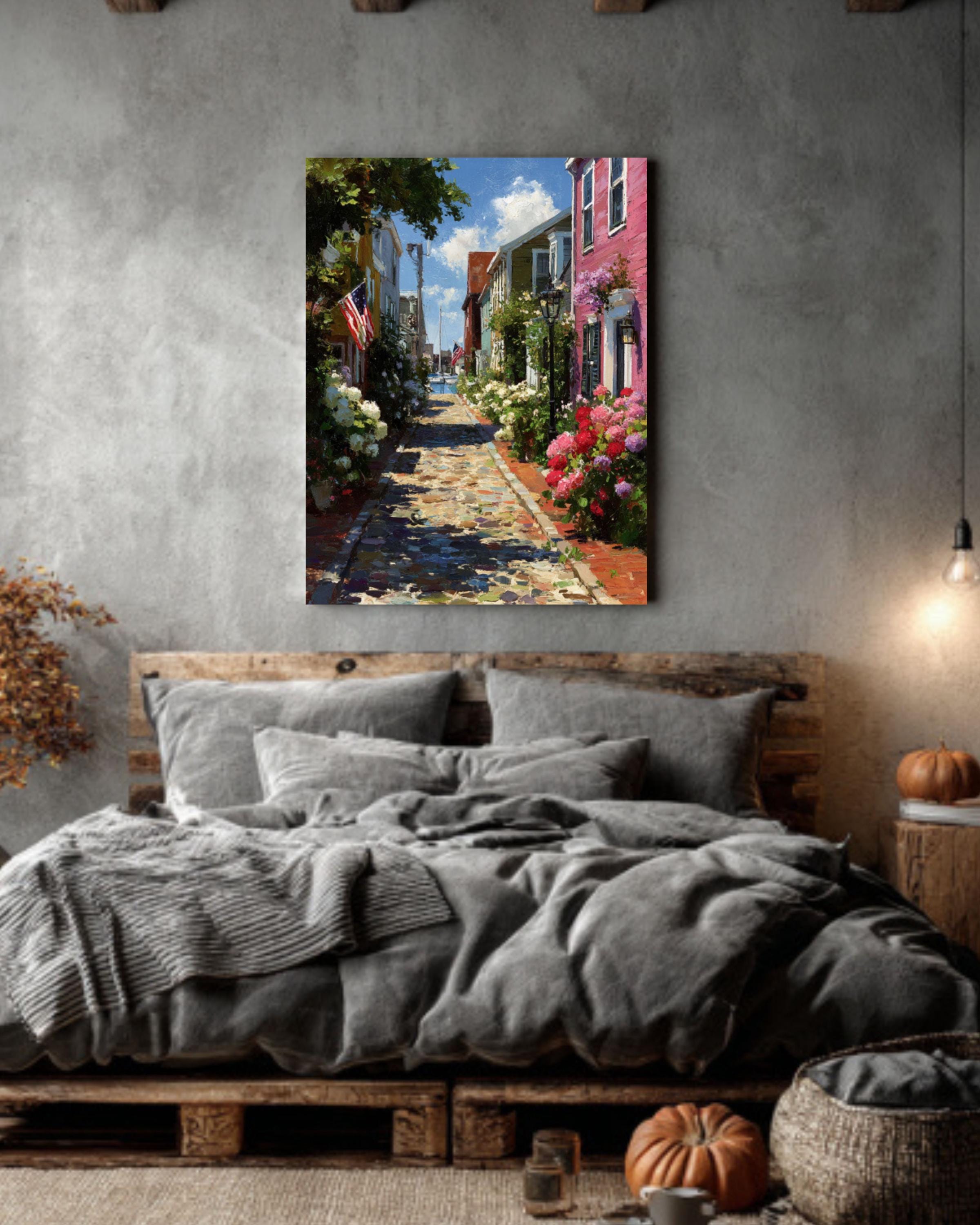 Charming Nantucket Main Street Print  Rustic Island Town with Flowers & Flags, Coastal Cottage Wall Art