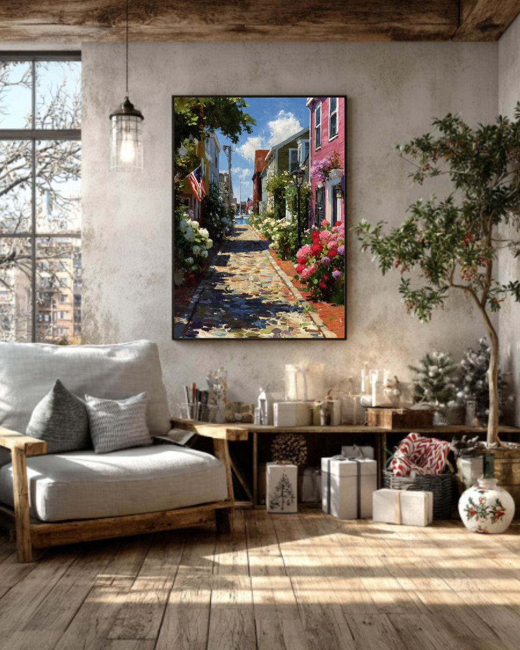 Charming Nantucket Main Street Print  Rustic Island Town with Flowers & Flags, Coastal Cottage Wall Art
