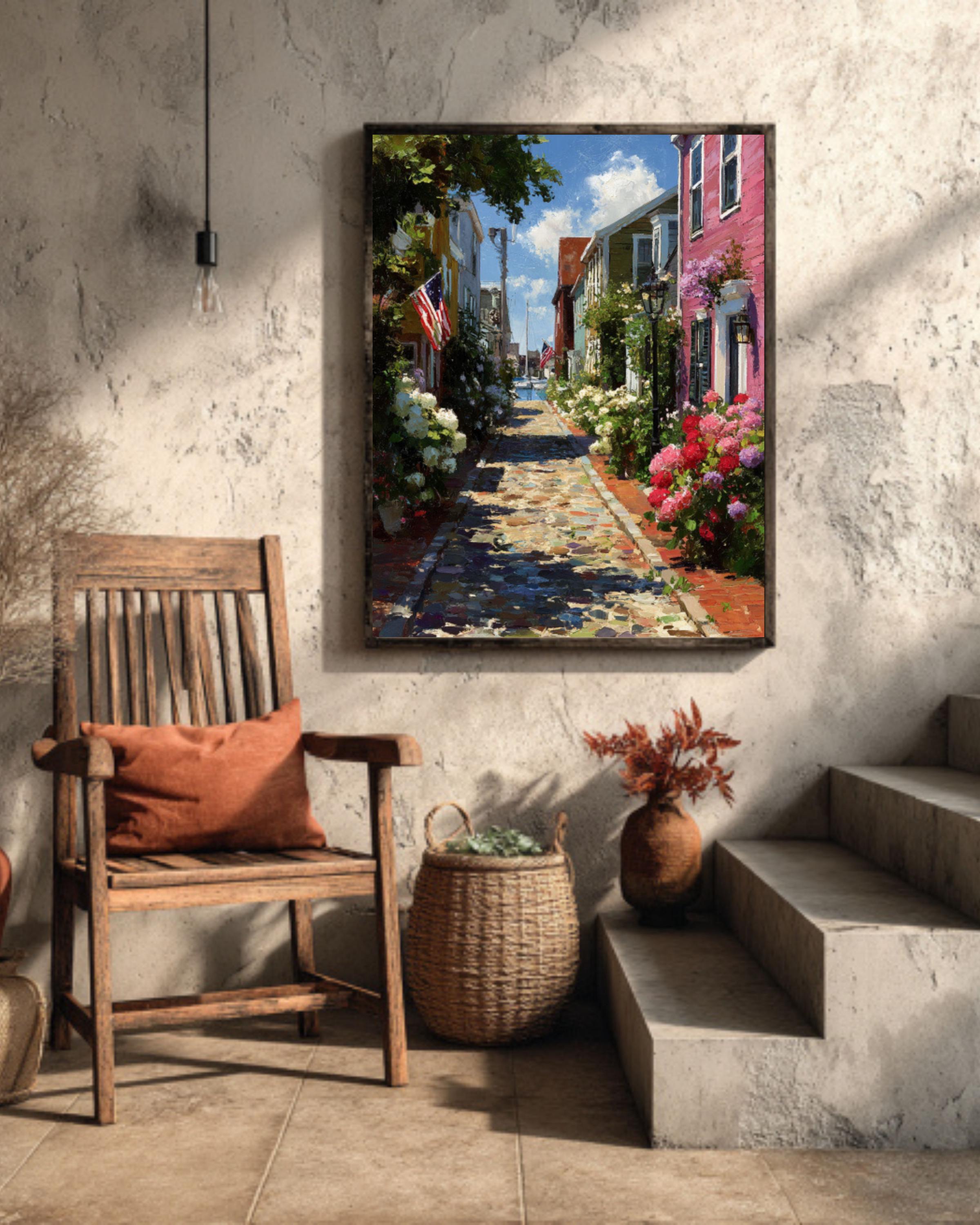 Charming Nantucket Main Street Print  Rustic Island Town with Flowers & Flags, Coastal Cottage Wall Art