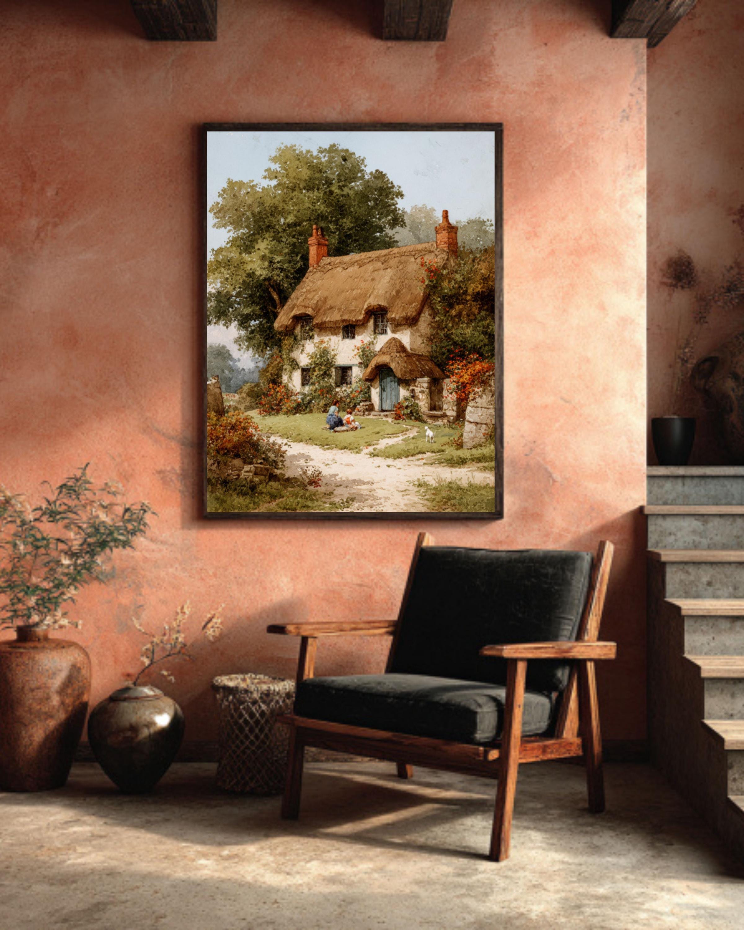 Watercolor English Cottage Scene  Thatched Home, Children & Dog, Flower Garden Path, Rustic Pastoral Canvas/Poster/Framed
