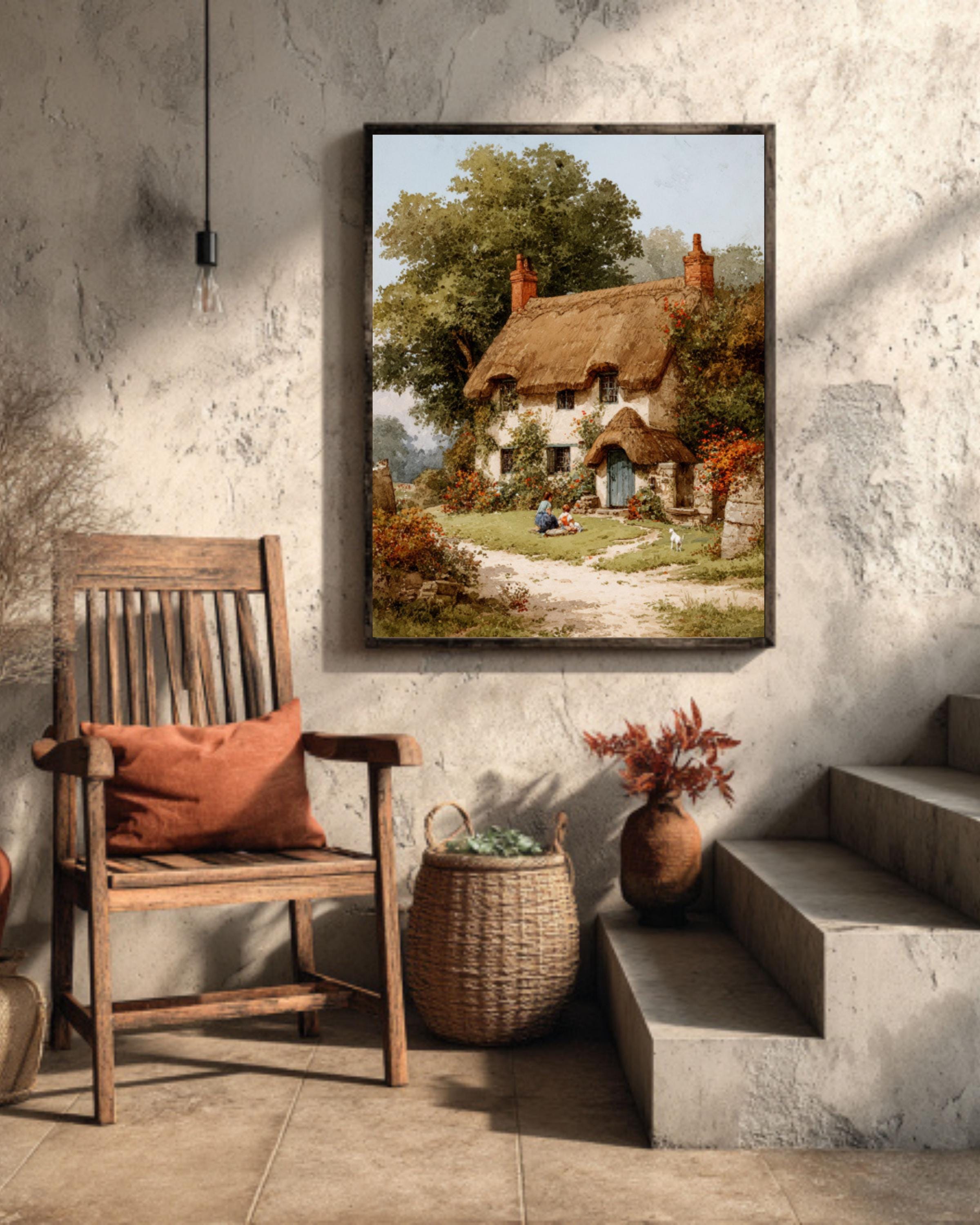 Watercolor English Cottage Scene  Thatched Home, Children & Dog, Flower Garden Path, Rustic Pastoral Canvas/Poster/Framed