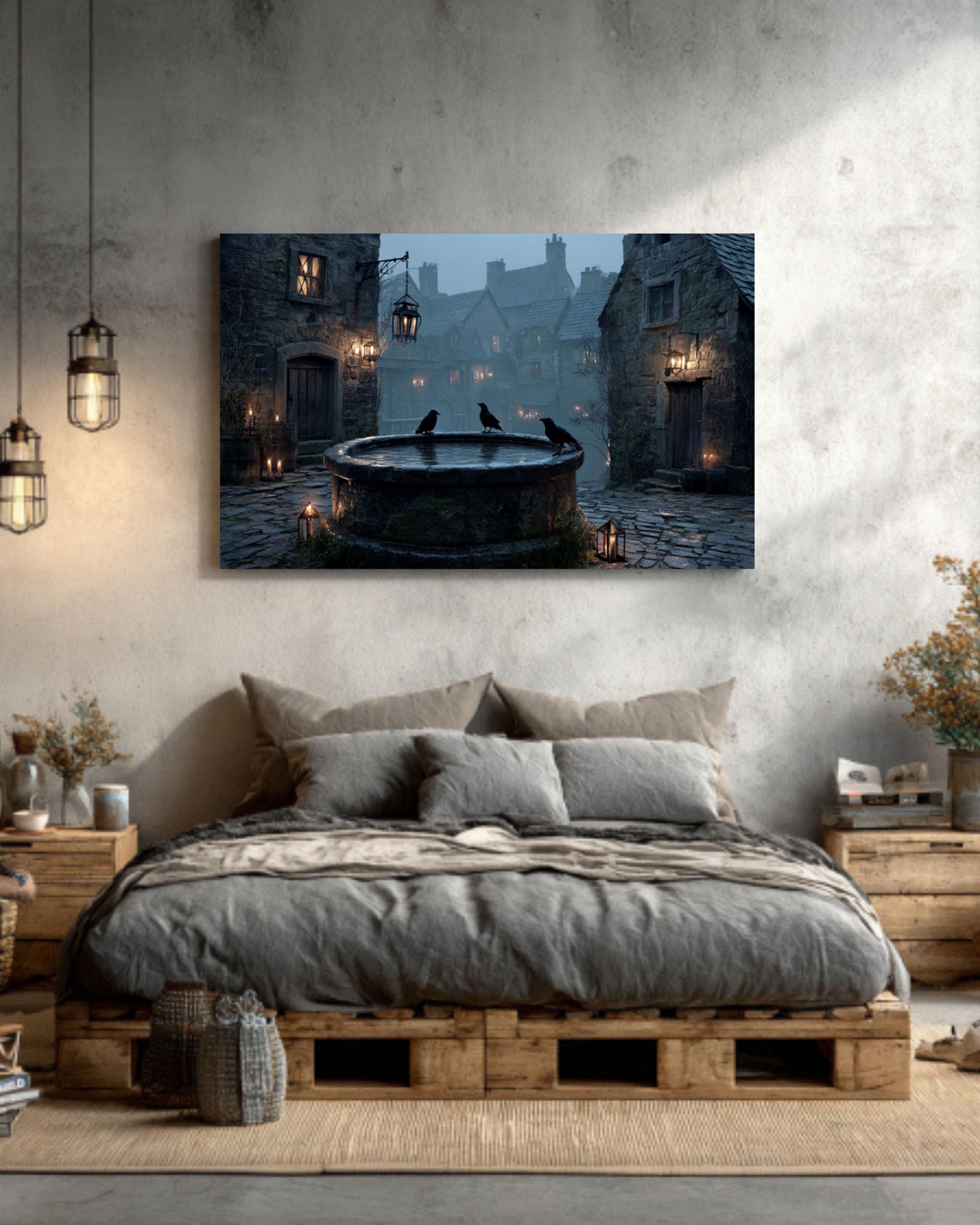 Foggy Night Medieval Well Art  Rustic Village Scene, Moonlight, Crows & Candles, Dark Stone Architecture Canvas/Framed
