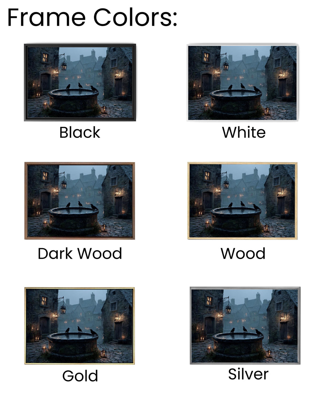 Foggy Night Medieval Well Art  Rustic Village Scene, Moonlight, Crows & Candles, Dark Stone Architecture Canvas/Framed