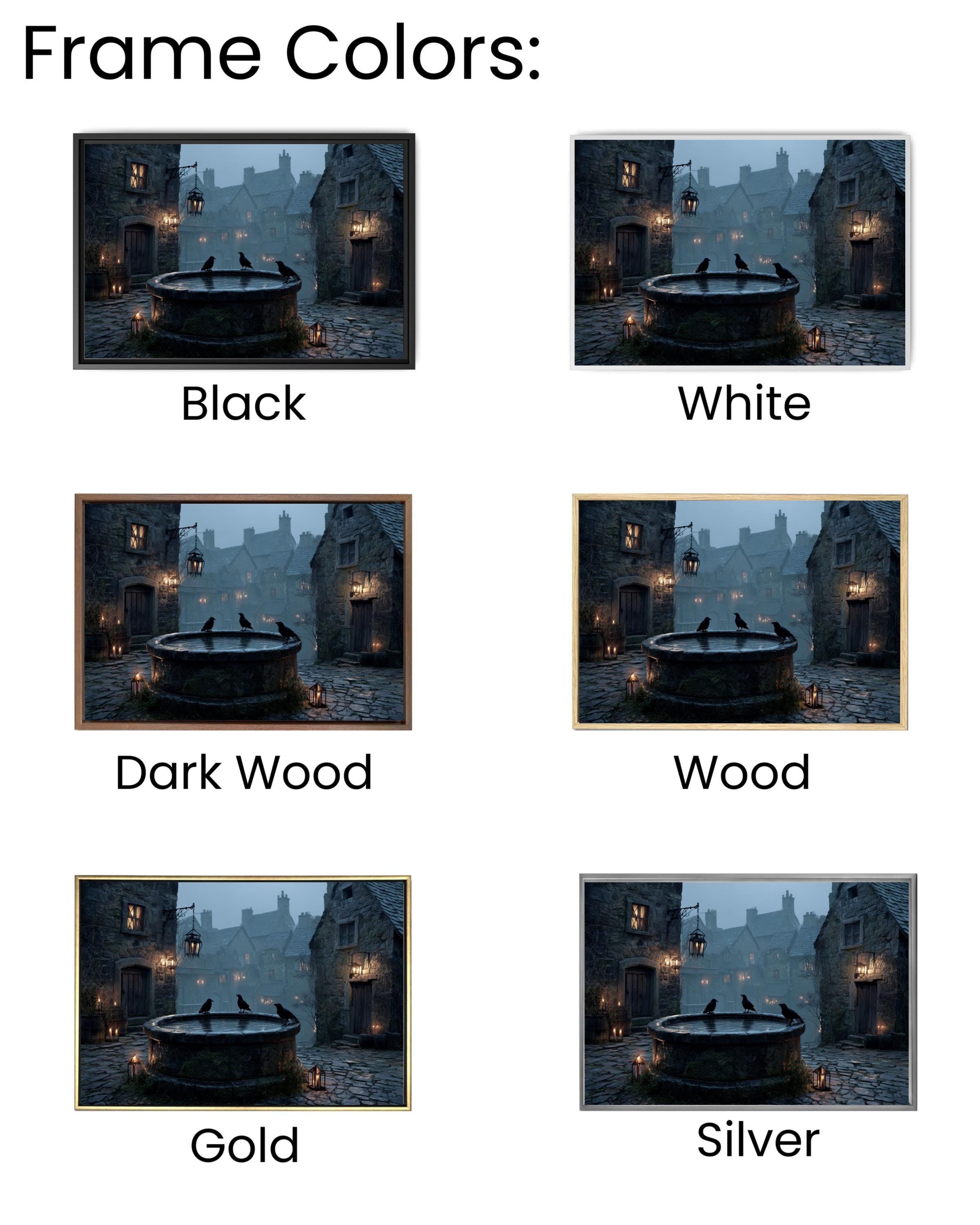 Foggy Night Medieval Well Art  Rustic Village Scene, Moonlight, Crows & Candles, Dark Stone Architecture Canvas/Framed
