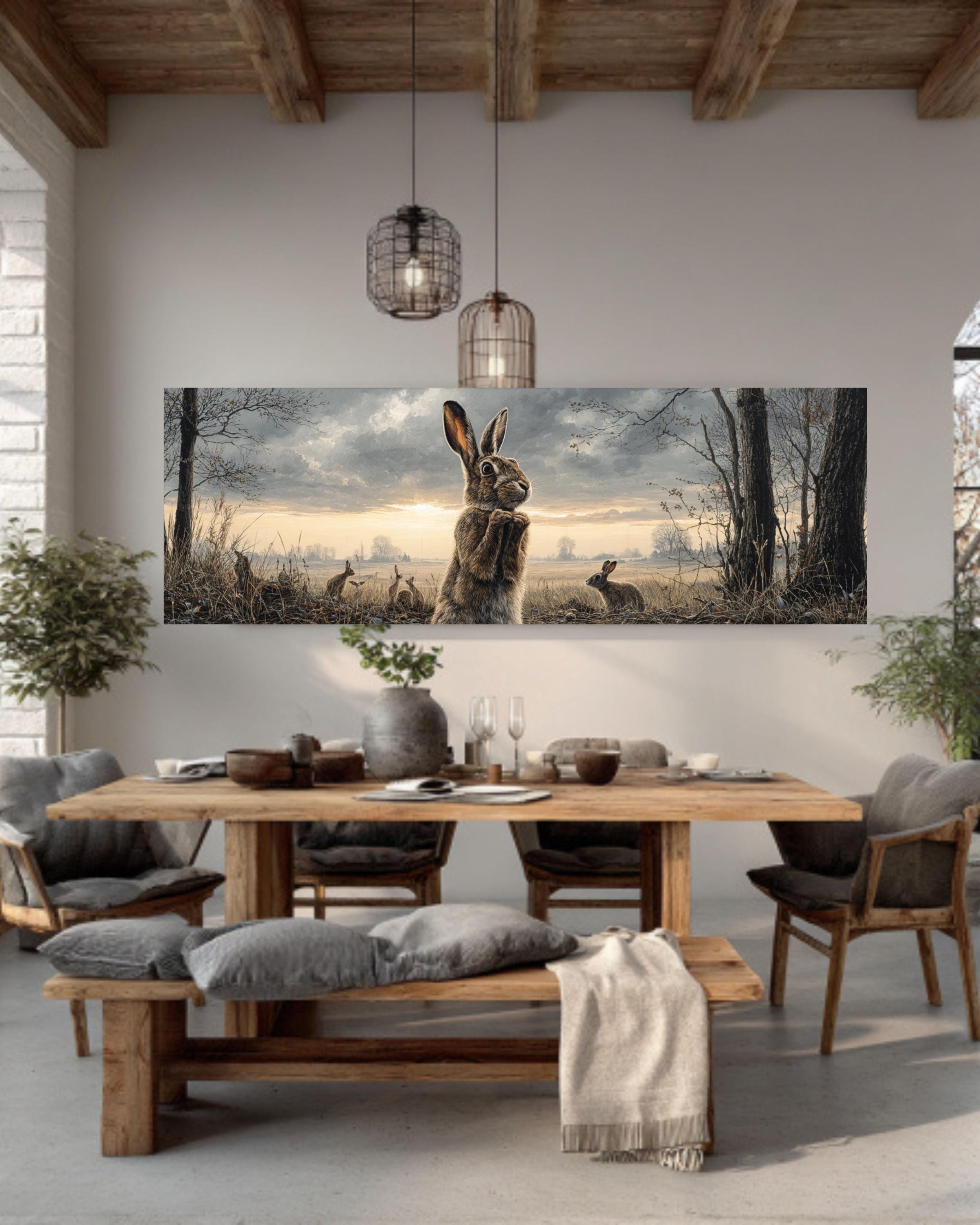 Curious Rabbit Family Wall Art  Detailed Oil Painting of Meadow, Trees & Wildlife, Rustic Countryside Canvas/Framed