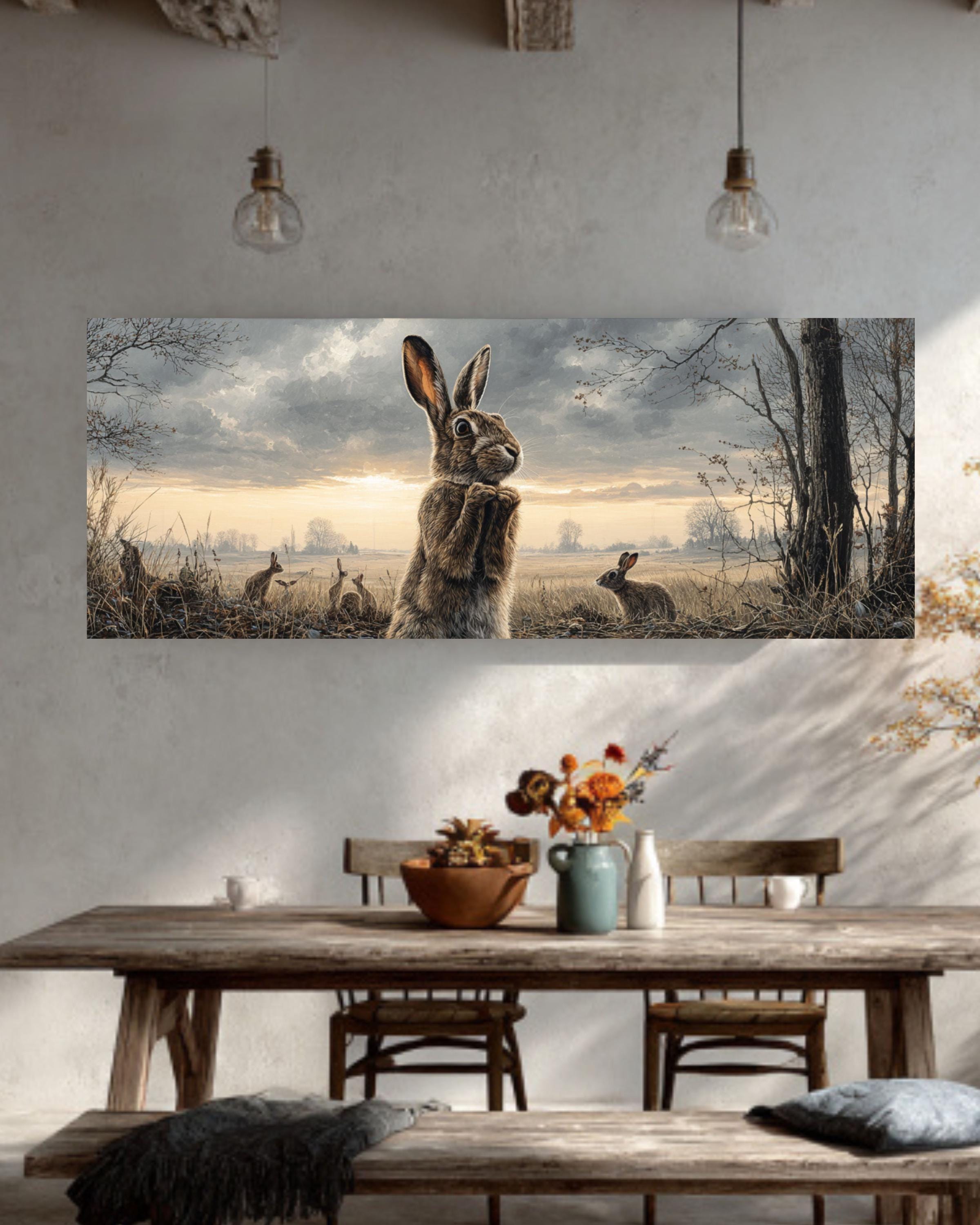 Curious Rabbit Family Wall Art  Detailed Oil Painting of Meadow, Trees & Wildlife, Rustic Countryside Canvas/Framed