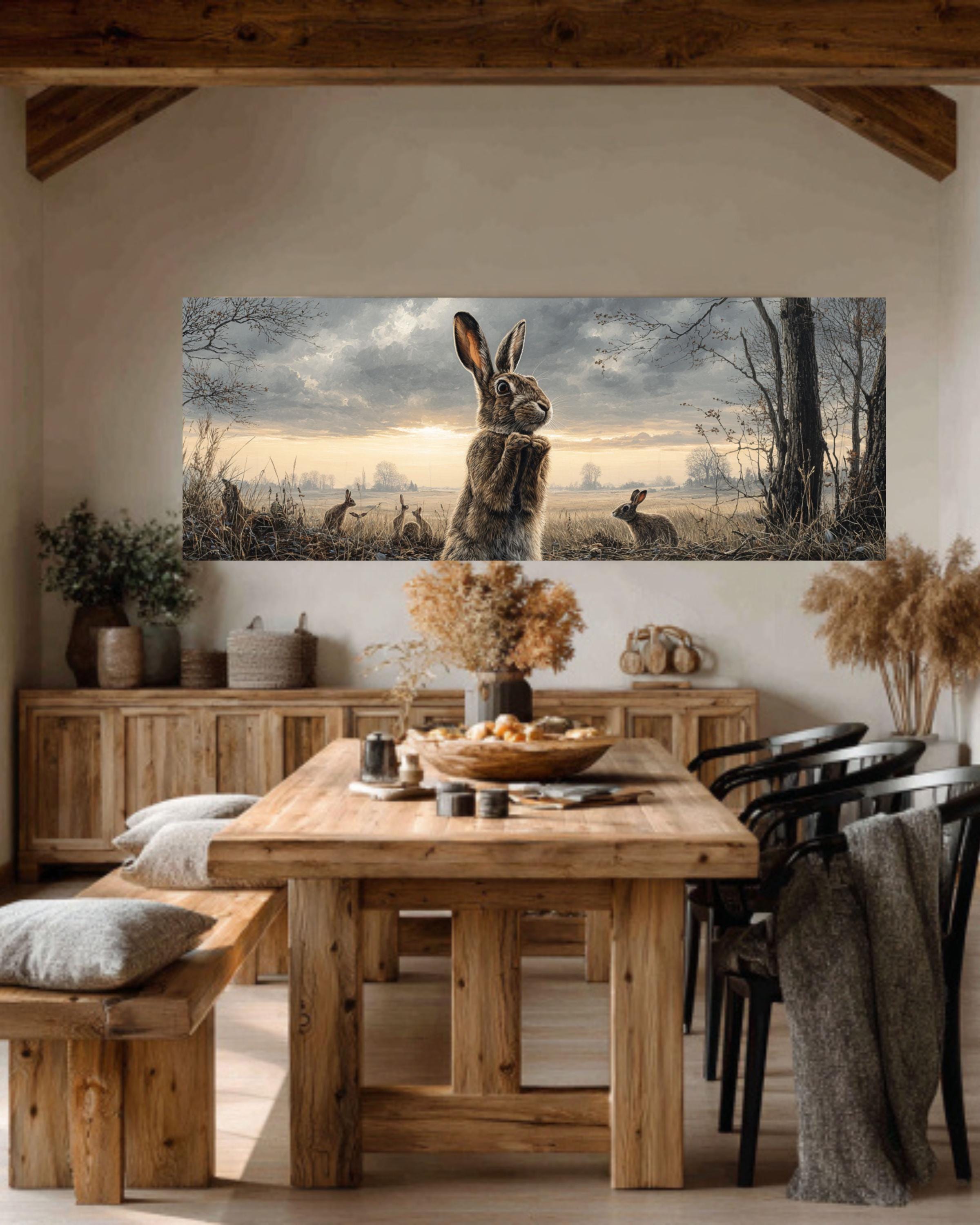 Curious Rabbit Family Wall Art  Detailed Oil Painting of Meadow, Trees & Wildlife, Rustic Countryside Canvas/Framed