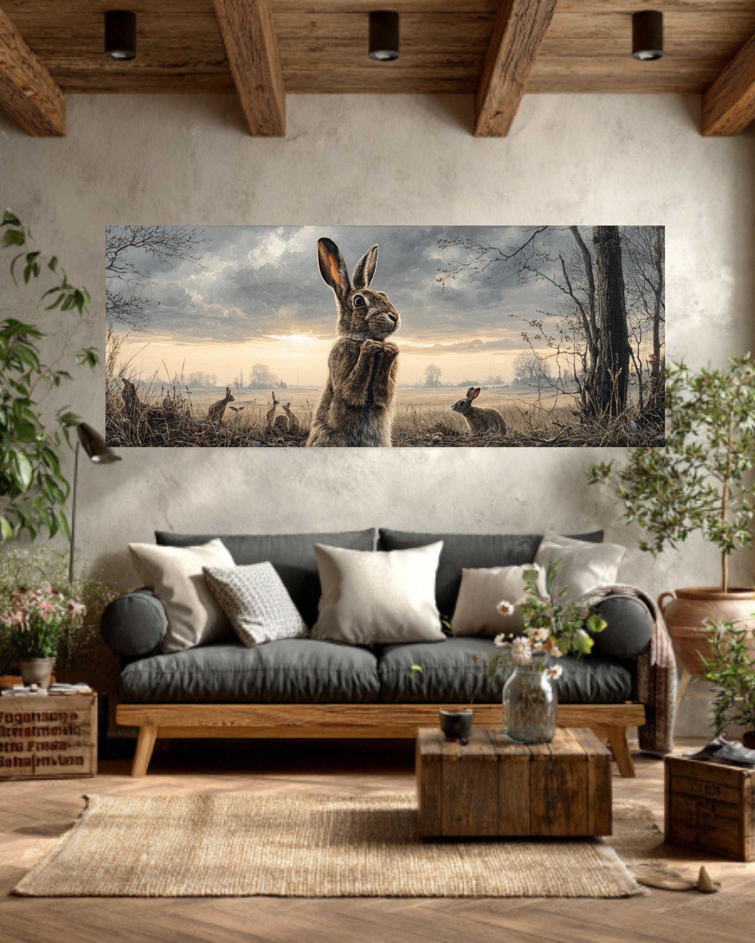 Curious Rabbit Family Wall Art  Detailed Oil Painting of Meadow, Trees & Wildlife, Rustic Countryside Canvas/Framed
