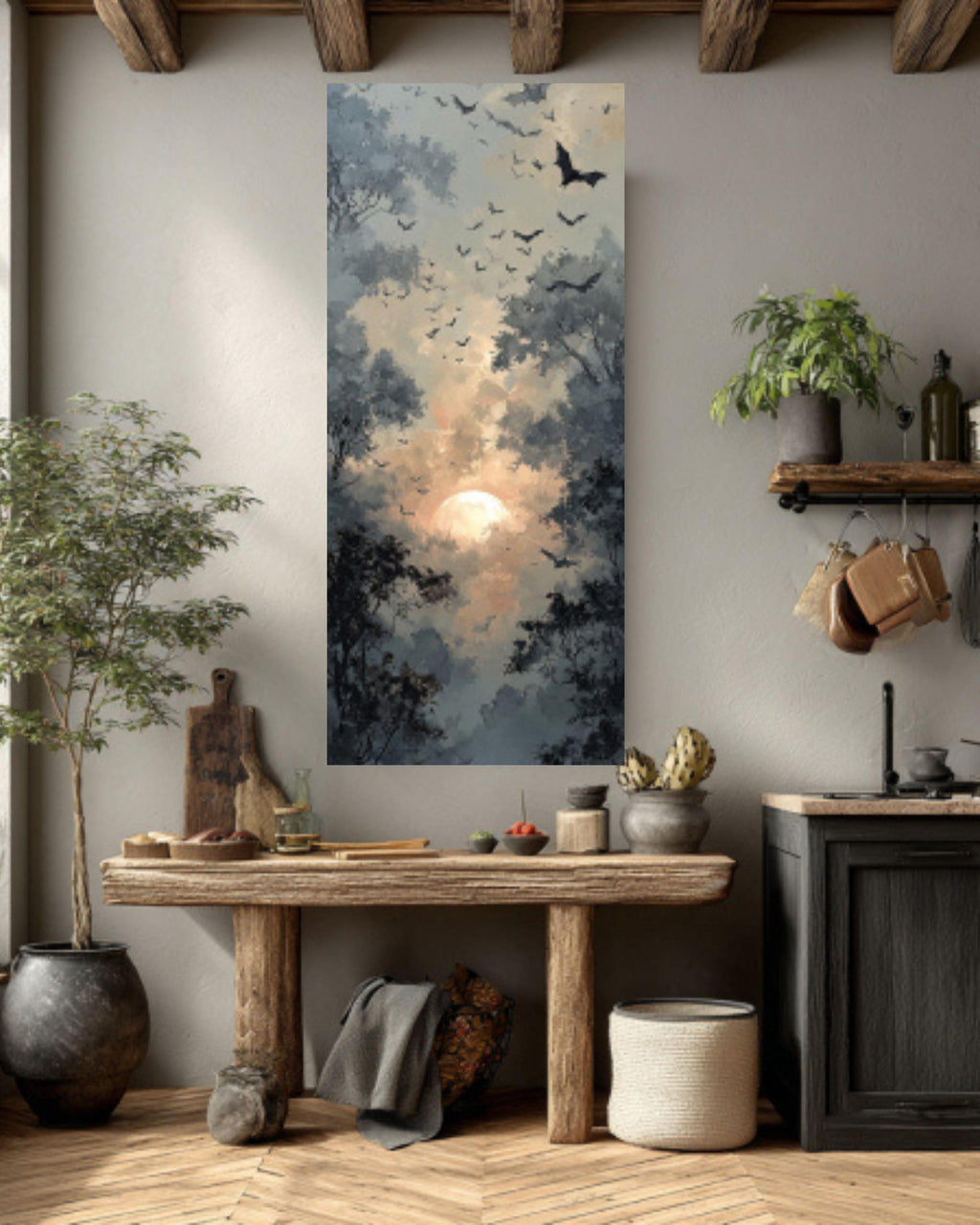 Abstract Bats Flying Oil Painting  Rustic Forest with Sun and Trees, Dark Grey & Beige, Atmospheric Wall Art  Canvas, Framed Print