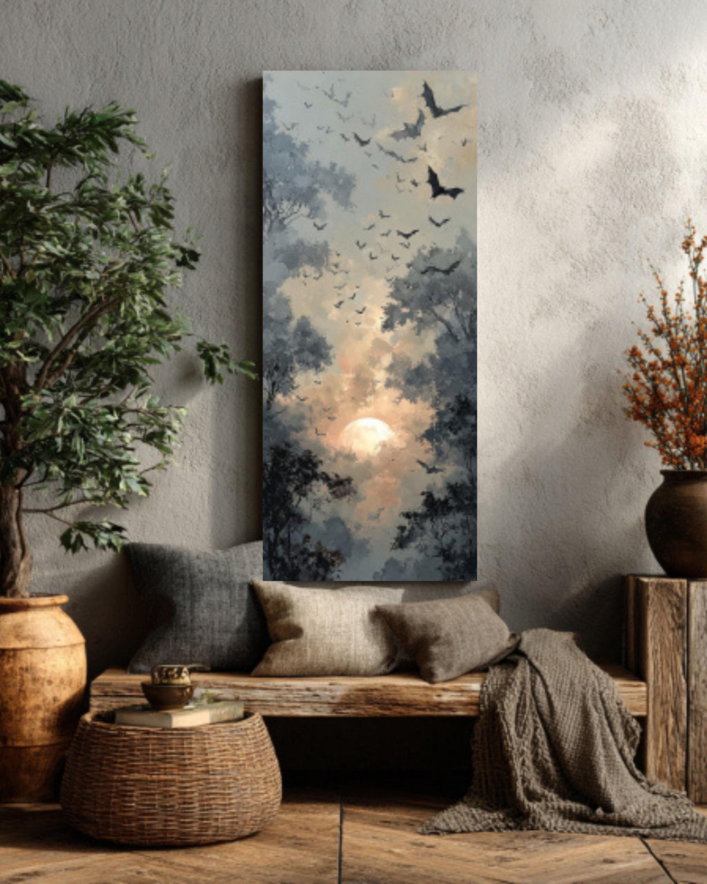 Abstract Bats Flying Oil Painting  Rustic Forest with Sun and Trees, Dark Grey & Beige, Atmospheric Wall Art  Canvas, Framed Print