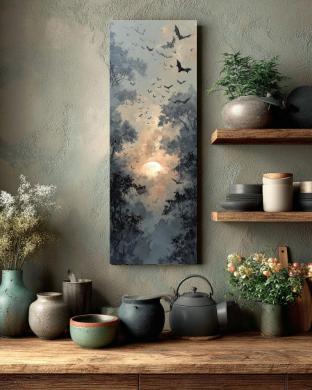 Abstract Bats Flying Oil Painting  Rustic Forest with Sun and Trees, Dark Grey & Beige, Atmospheric Wall Art  Canvas, Framed Print
