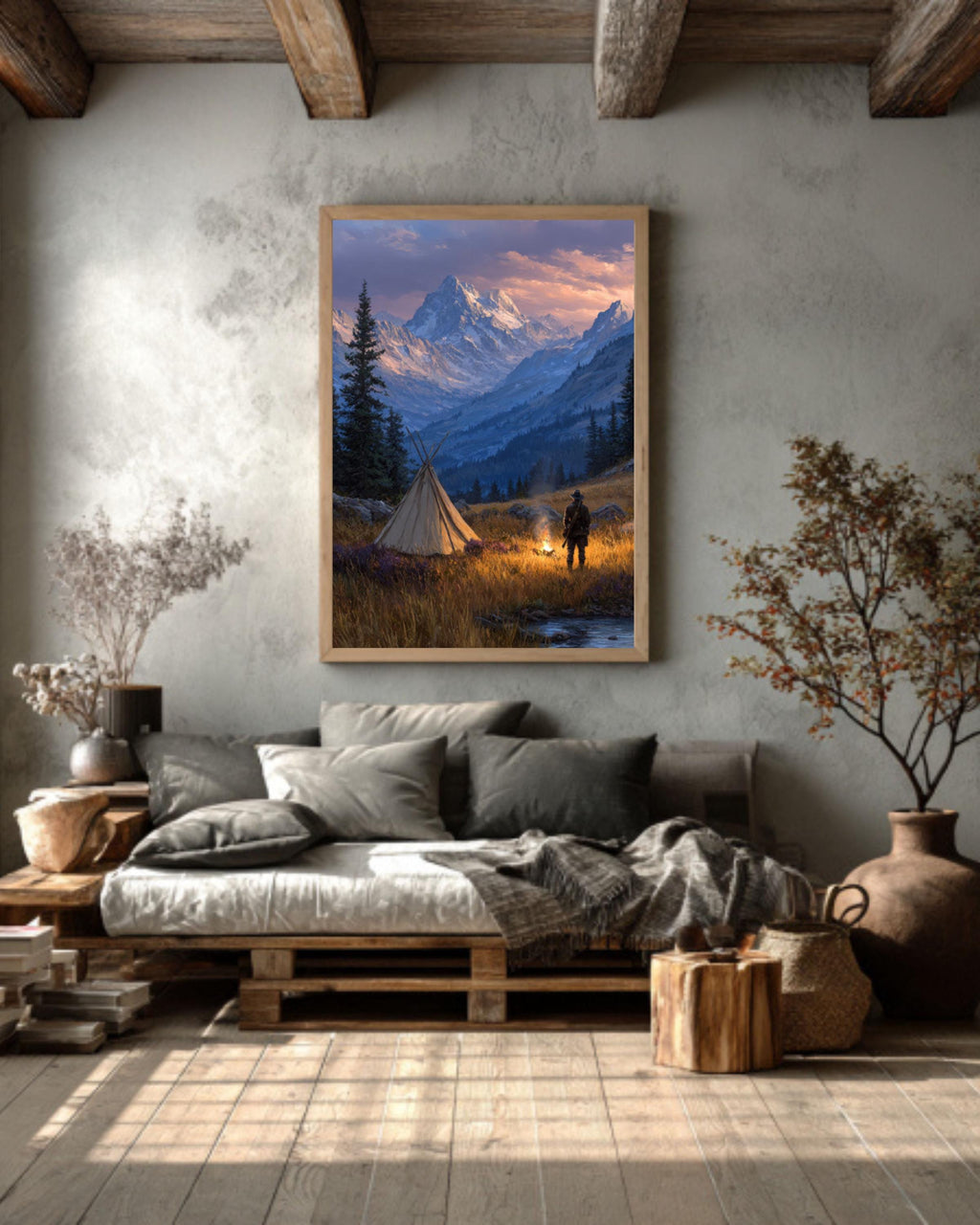 Hunter by Campfire Oil Painting  Rustic Mountain Landscape with Tent, Wilderness Adventure Wall Art Poster, Canvas or Framed Print