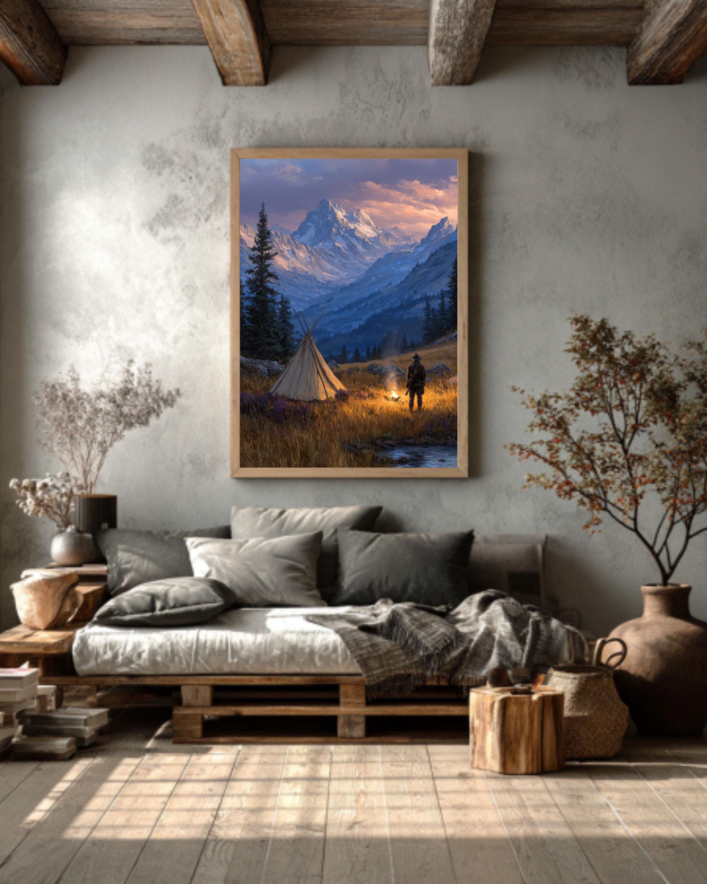 Hunter by Campfire Oil Painting  Rustic Mountain Landscape with Tent, Wilderness Adventure Wall Art Poster, Canvas or Framed Print