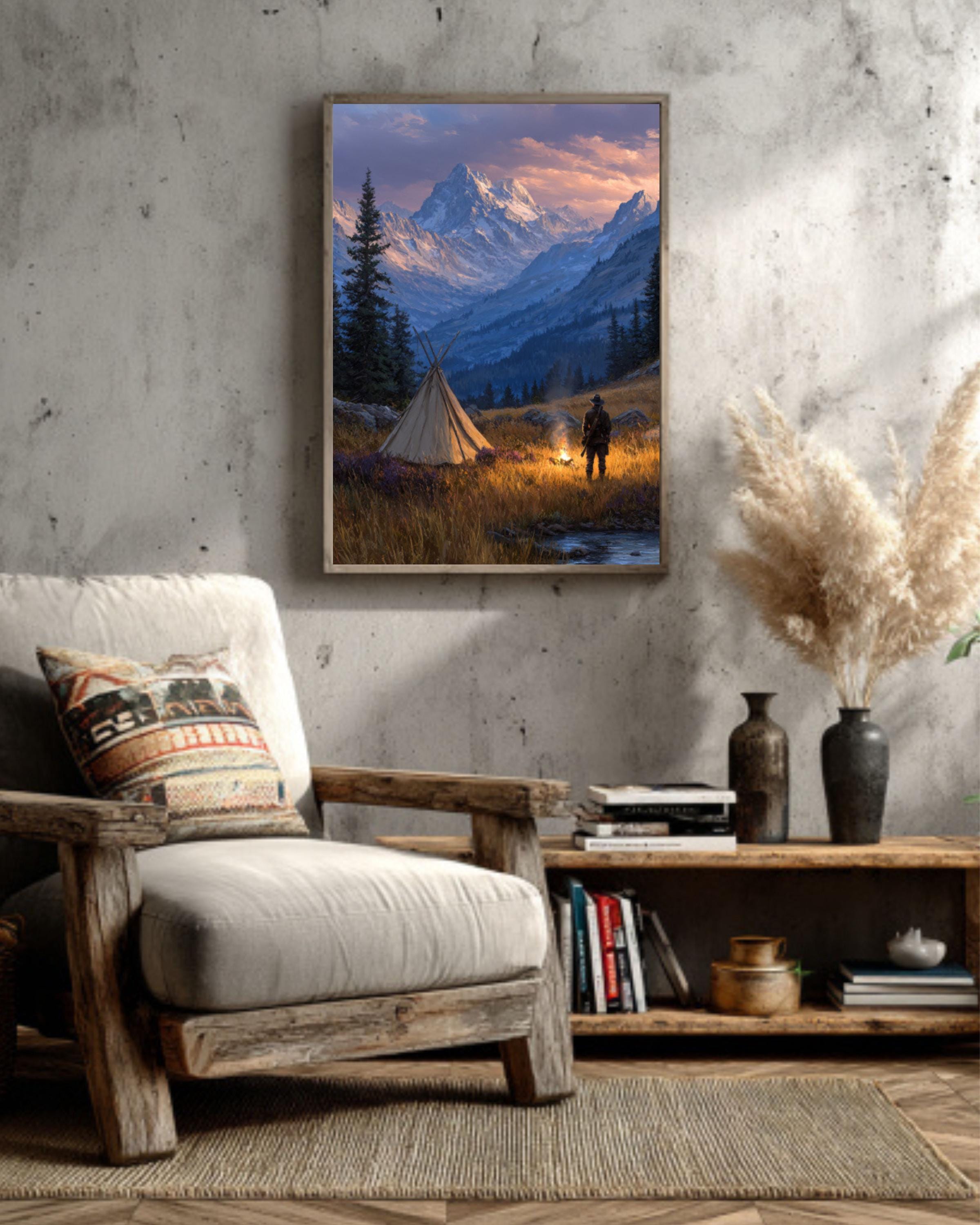 Hunter by Campfire Oil Painting  Rustic Mountain Landscape with Tent, Wilderness Adventure Wall Art Poster, Canvas or Framed Print