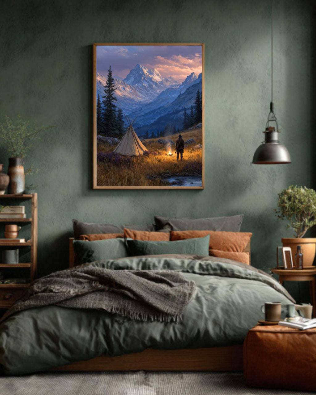 Hunter by Campfire Oil Painting  Rustic Mountain Landscape with Tent, Wilderness Adventure Wall Art Poster, Canvas or Framed Print