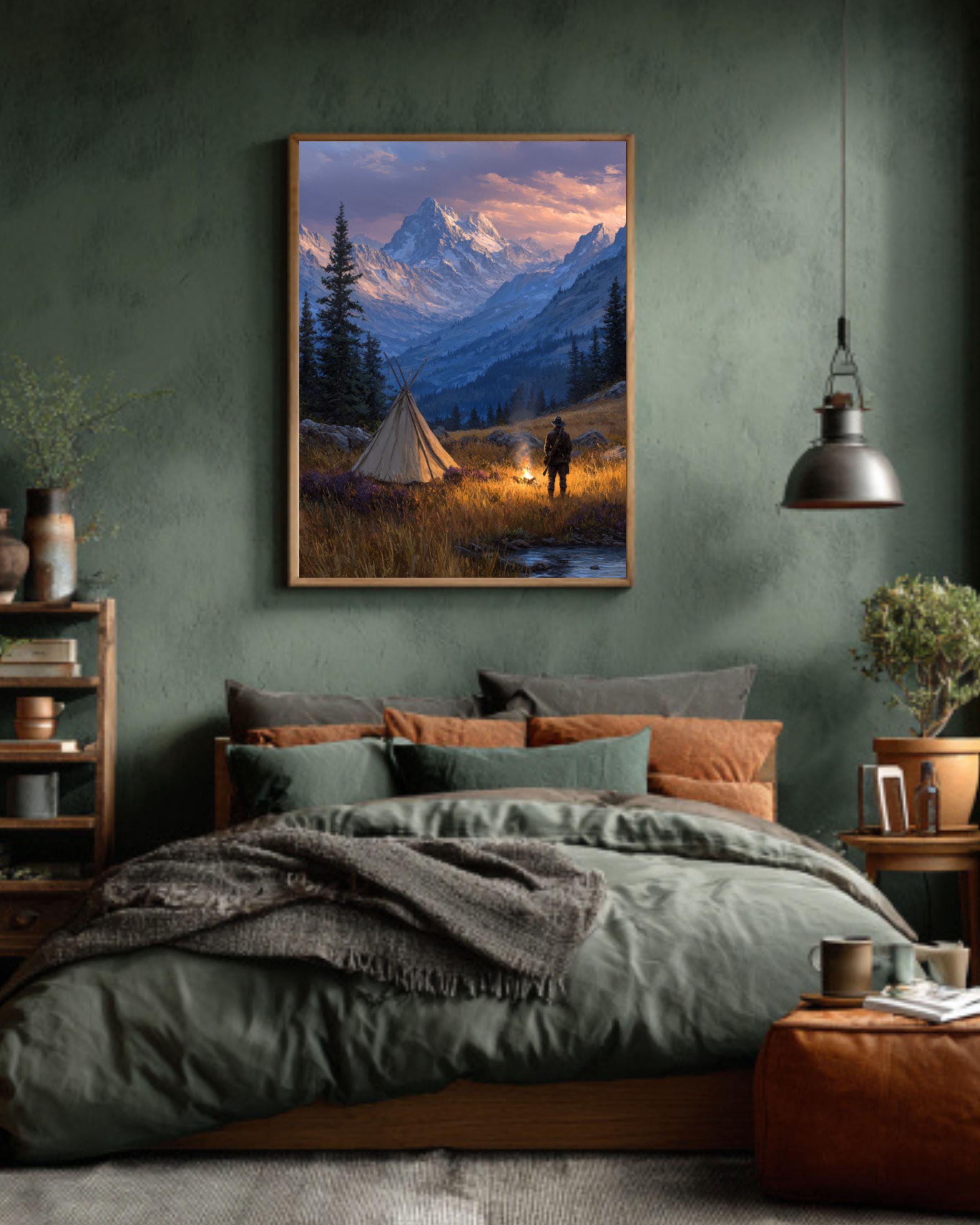 Hunter by Campfire Oil Painting  Rustic Mountain Landscape with Tent, Wilderness Adventure Wall Art Poster, Canvas or Framed Print