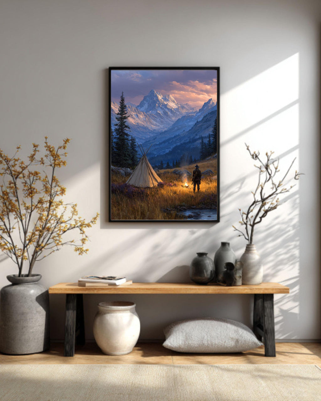 Hunter by Campfire Oil Painting  Rustic Mountain Landscape with Tent, Wilderness Adventure Wall Art Poster, Canvas or Framed Print