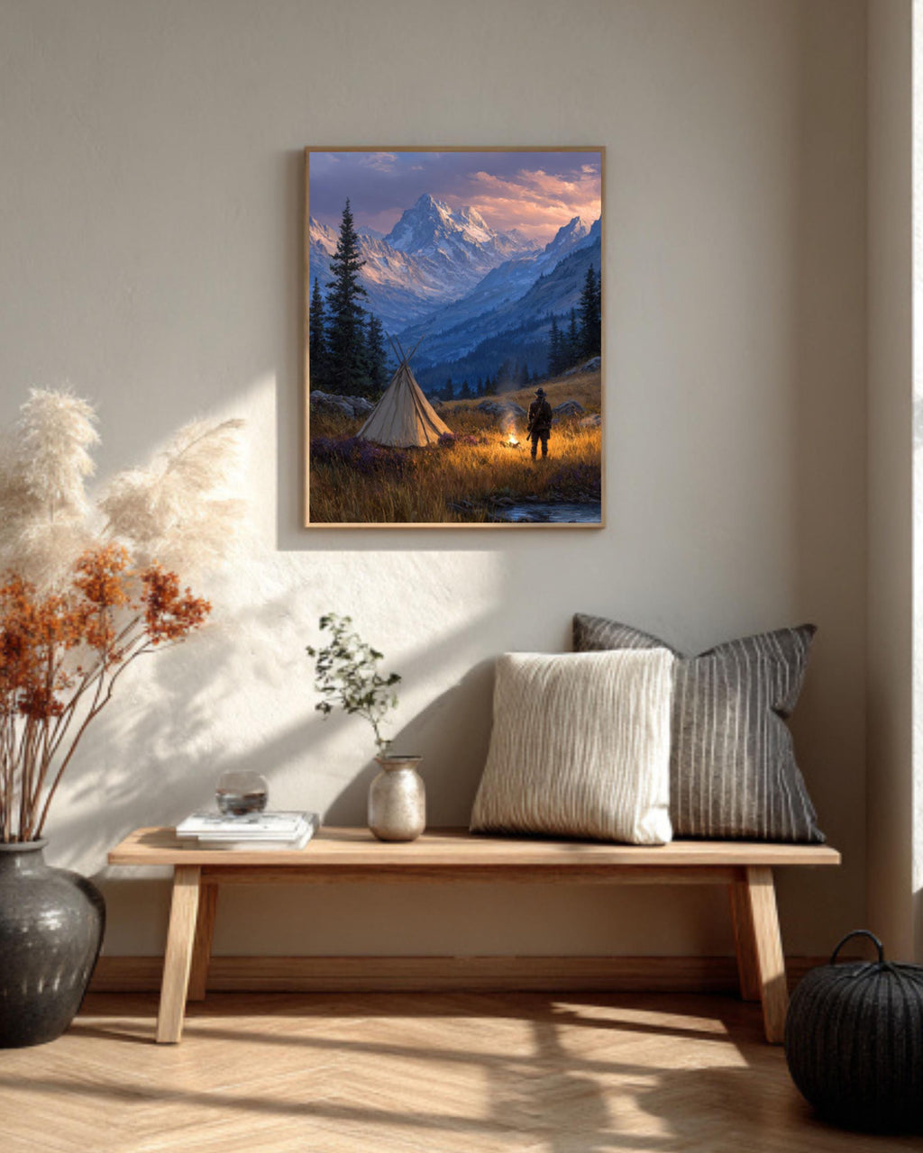 Hunter by Campfire Oil Painting  Rustic Mountain Landscape with Tent, Wilderness Adventure Wall Art Poster, Canvas or Framed Print