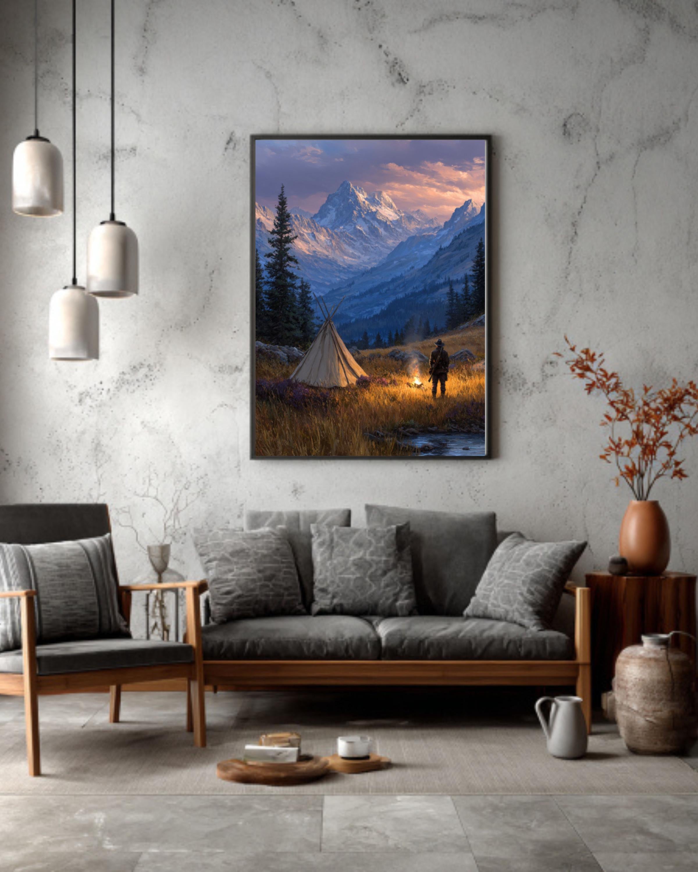 Hunter by Campfire Oil Painting  Rustic Mountain Landscape with Tent, Wilderness Adventure Wall Art Poster, Canvas or Framed Print