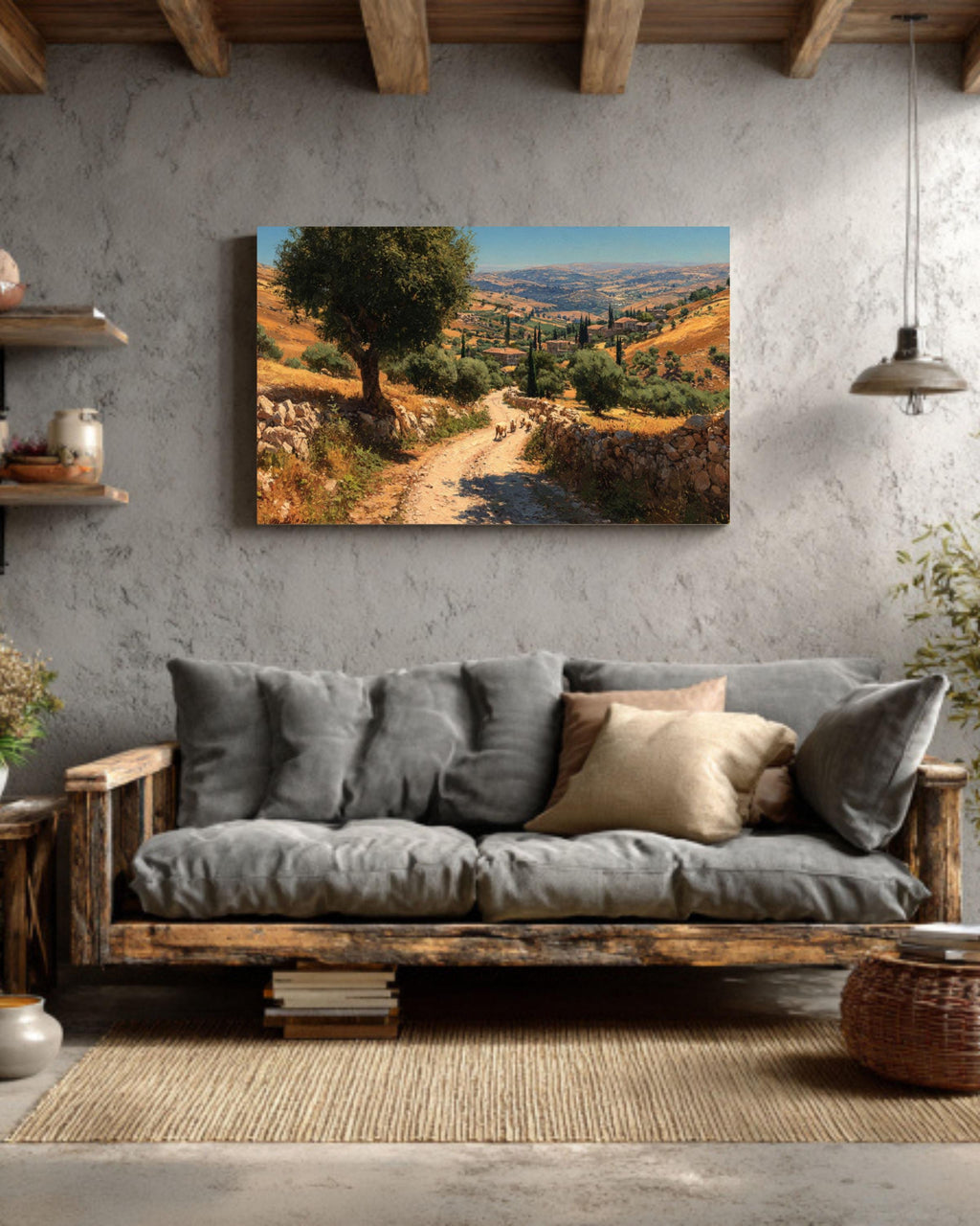 Ancient Jerusalem Hills Oil Painting  Winding Road with Sheep & Donkeys, Rustic Countryside Wall Art Canvas or Framed Print