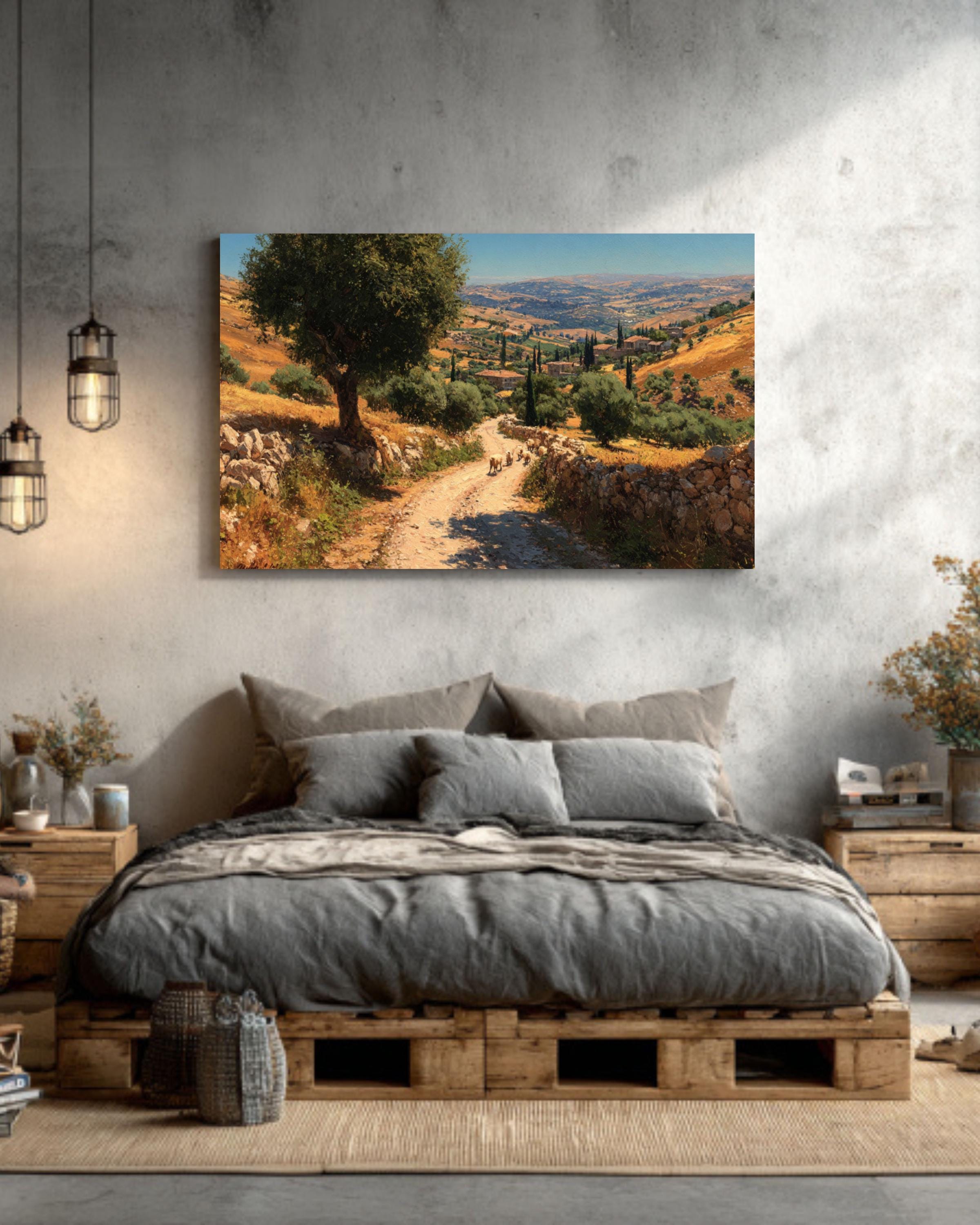 Ancient Jerusalem Hills Oil Painting  Winding Road with Sheep & Donkeys, Rustic Countryside Wall Art Canvas or Framed Print
