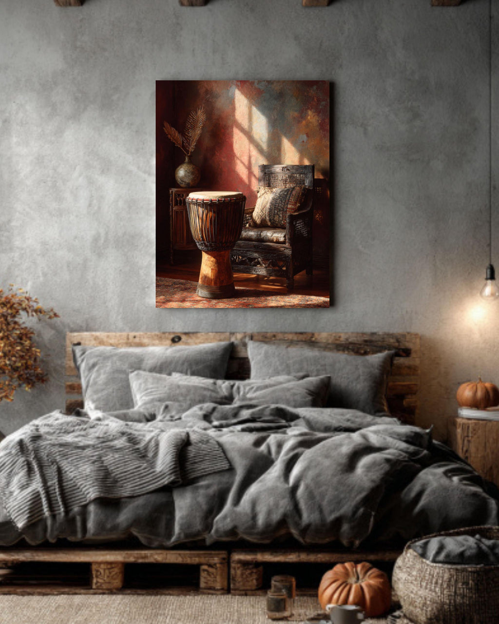 African Djembe Drum Painting  Rustic Traditional Woven Chair & Oriental Interior Art, Warm Earthy Tones Wall Decor  Poster, Canvas, Framed