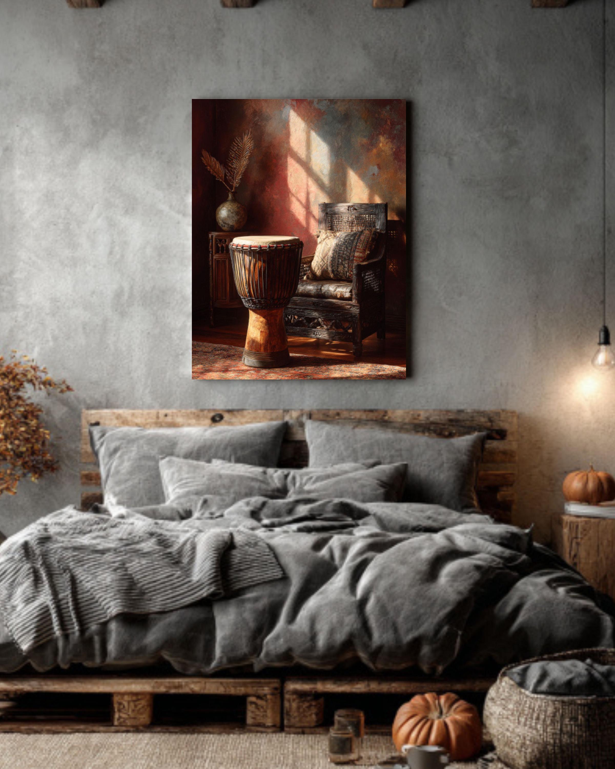African Djembe Drum Painting  Rustic Traditional Woven Chair & Oriental Interior Art, Warm Earthy Tones Wall Decor  Poster, Canvas, Framed