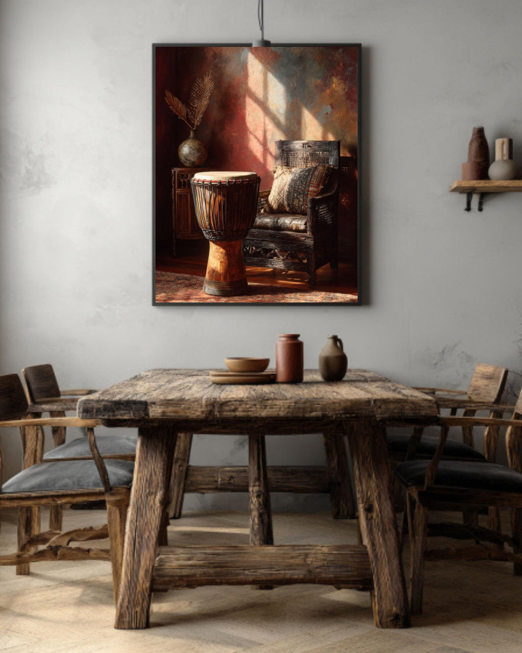 African Djembe Drum Painting  Rustic Traditional Woven Chair & Oriental Interior Art, Warm Earthy Tones Wall Decor  Poster, Canvas, Framed