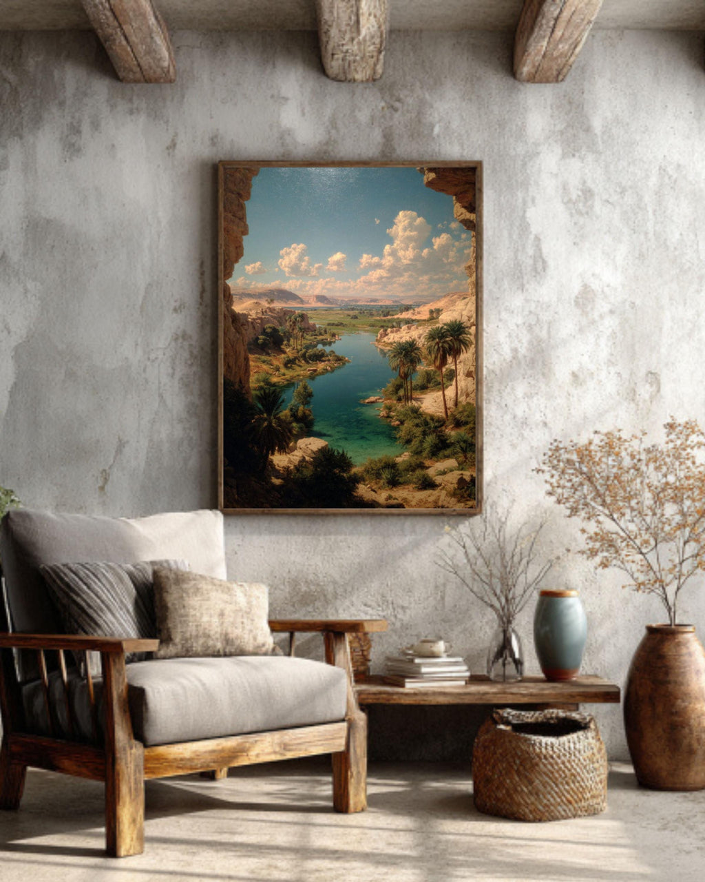 Ancient Egyptian Nile River Wall Art  Rustic Desert Landscape with Pyramids and Palms, Historical Egypt Poster, Canvas & Framed Print Decor