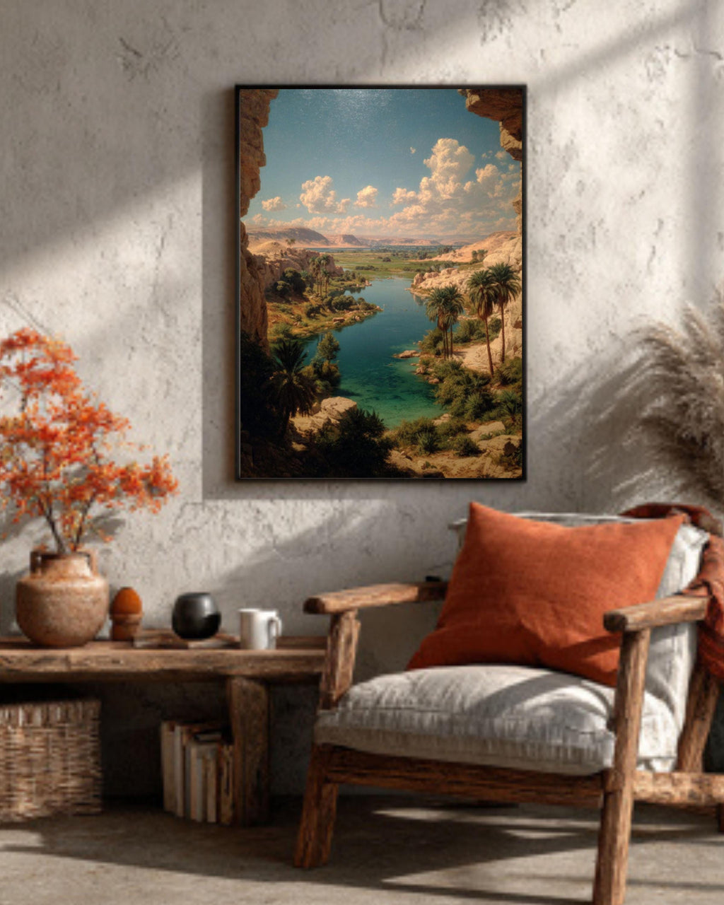 Ancient Egyptian Nile River Wall Art  Rustic Desert Landscape with Pyramids and Palms, Historical Egypt Poster, Canvas & Framed Print Decor