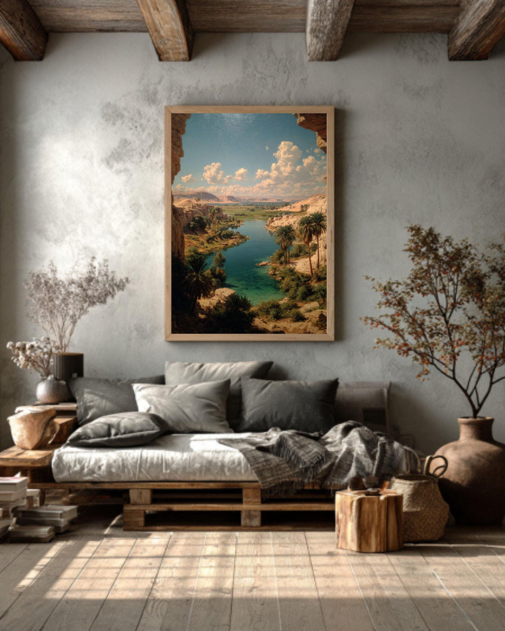 Ancient Egyptian Nile River Wall Art  Rustic Desert Landscape with Pyramids and Palms, Historical Egypt Poster, Canvas & Framed Print Decor