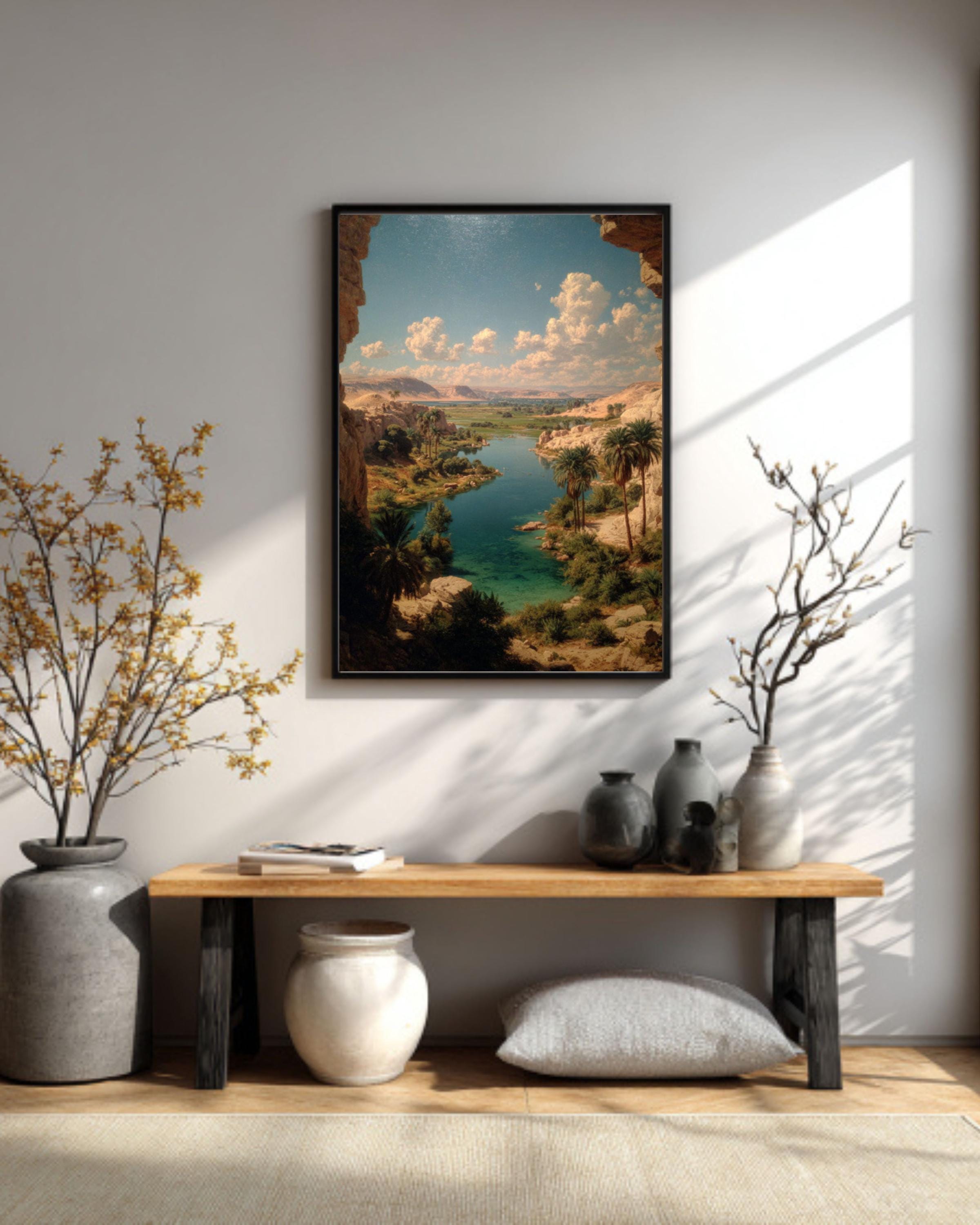Ancient Egyptian Nile River Wall Art  Rustic Desert Landscape with Pyramids and Palms, Historical Egypt Poster, Canvas & Framed Print Decor