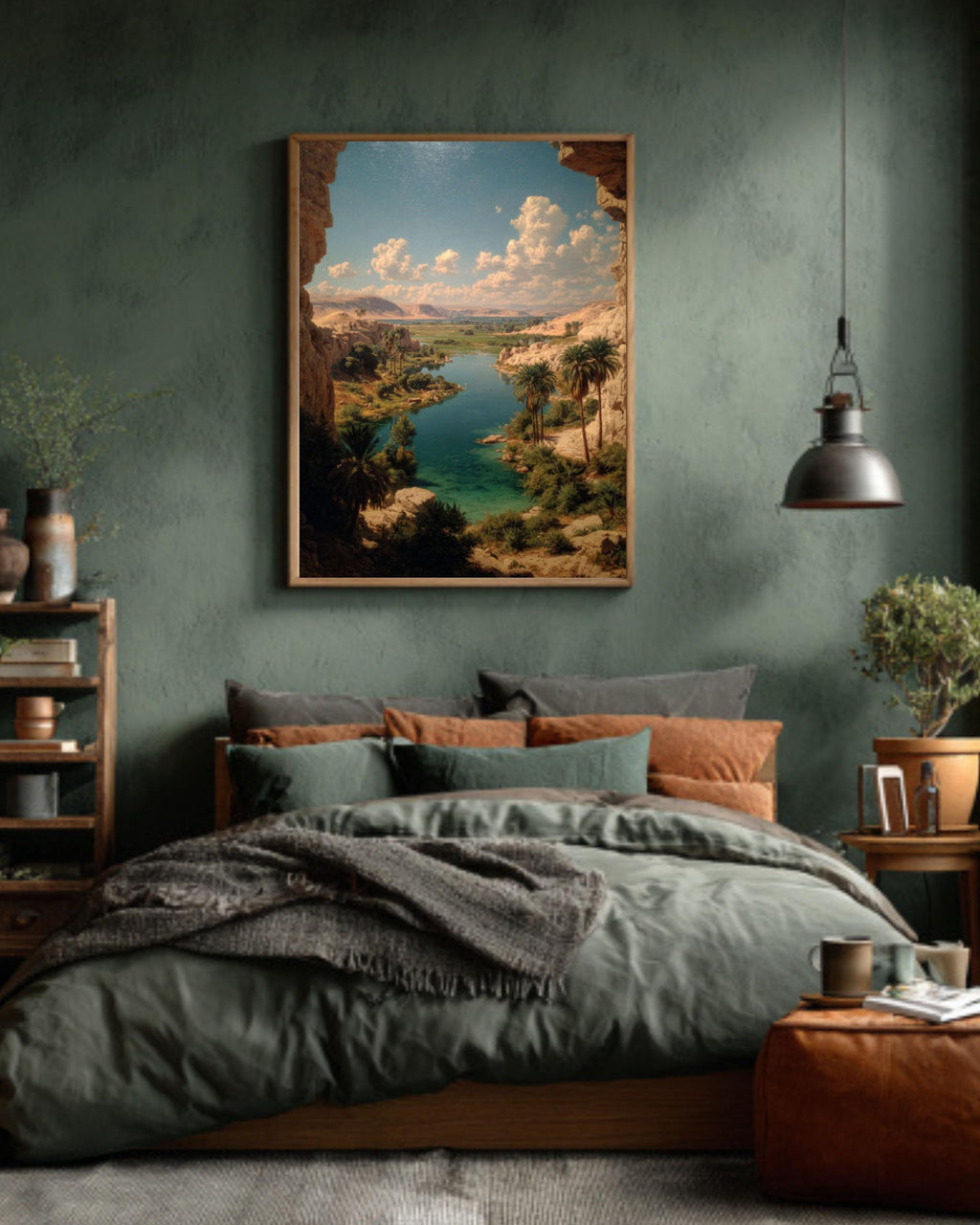 Ancient Egyptian Nile River Wall Art  Rustic Desert Landscape with Pyramids and Palms, Historical Egypt Poster, Canvas & Framed Print Decor