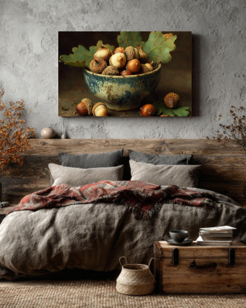 Acorn Bowl on Oak Leaf Wall Art  Rustic Autumn Nature Still Life, Warm Woodland Decor, Poster/Canvas/Framed Print